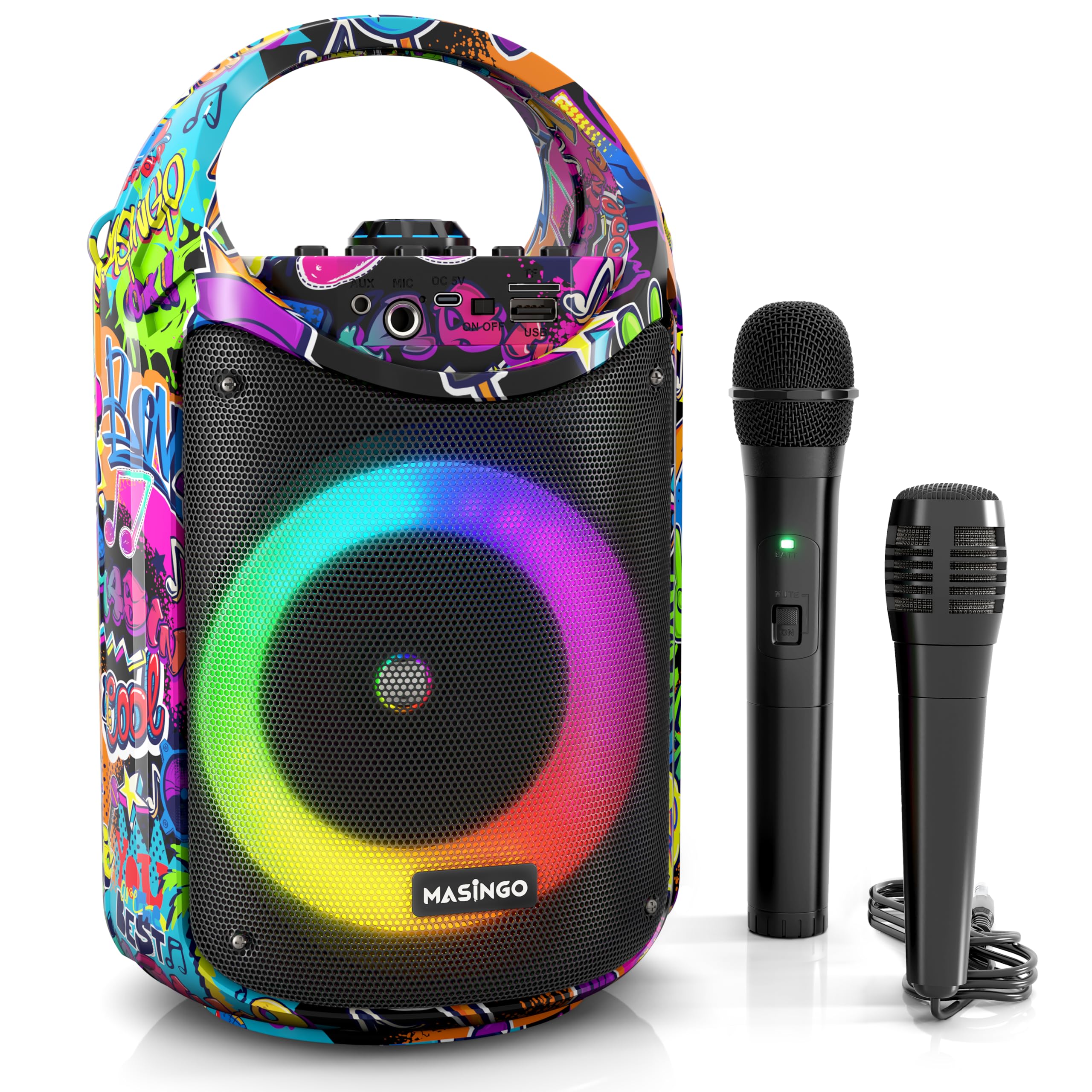 Masingo Karaoke Machine For Kids And Adults With 1 Wireless Karaoke Microphone And 1 Wired Mic, Pa Portable Speaker With Led Lig