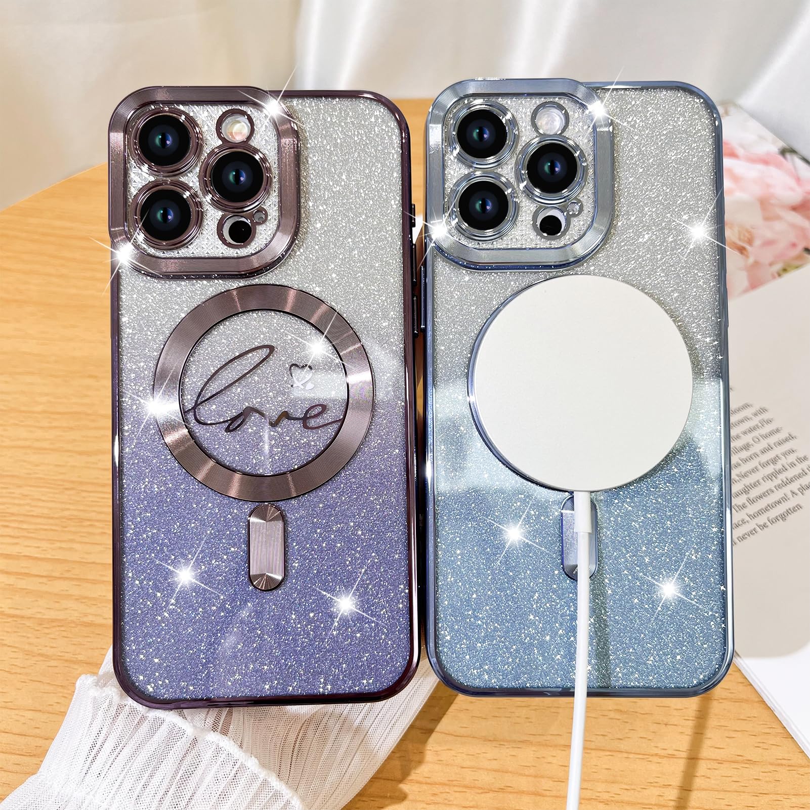 Fiyart Designed For Iphone 15 Pro Case,Compatible With Magsafe Love Heart Plating Camera Protection Clear Phone Case, Magnetic G