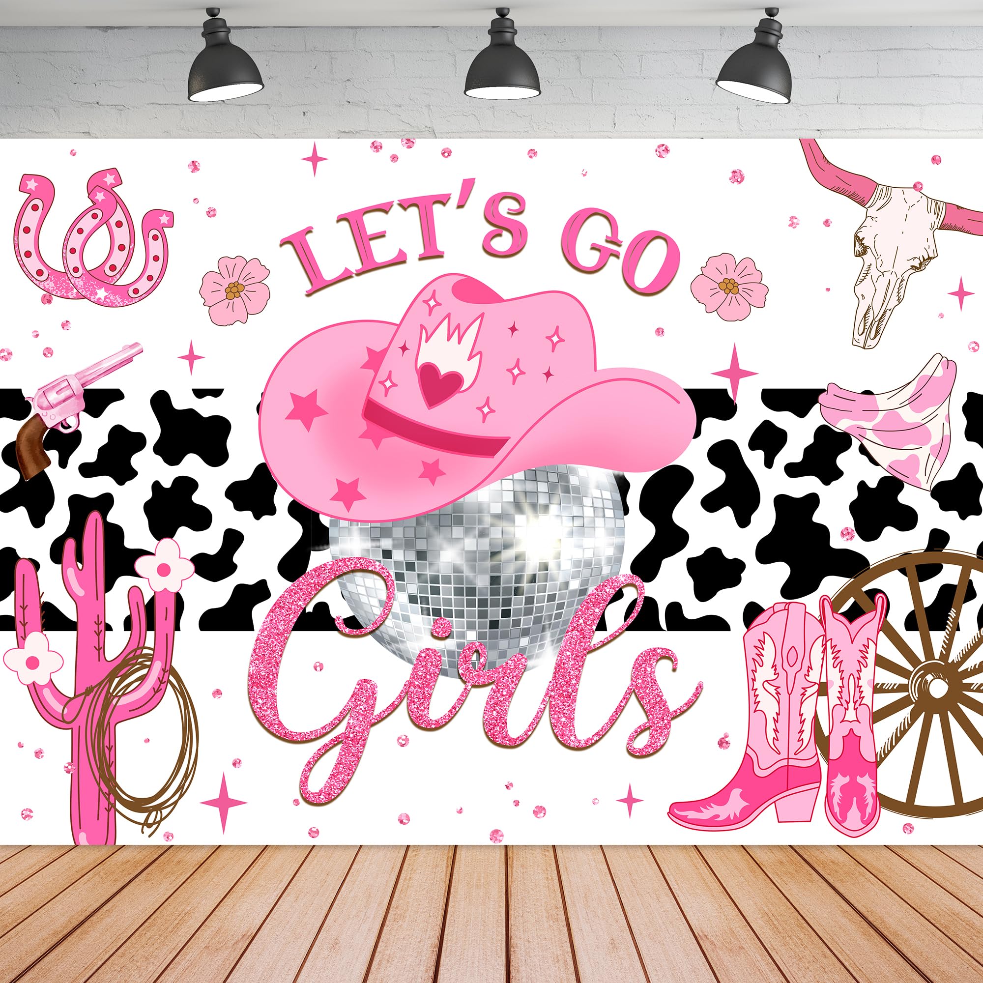 Ufeela Cowgirl Backdrop For Girl Western Pink Disco Birthday Decor Let'S Go Rustic Cow Print Party Banner Cactus Hat Boots Wild