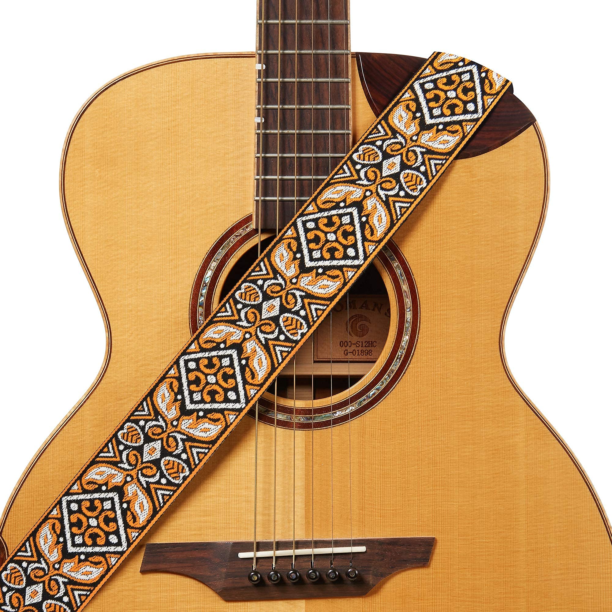 Amumu Orange Vintage Embroidery Guitar Strap Polyester for Acoustic, Electric and Bass Guitars with Strap Blocks & Headstock Str