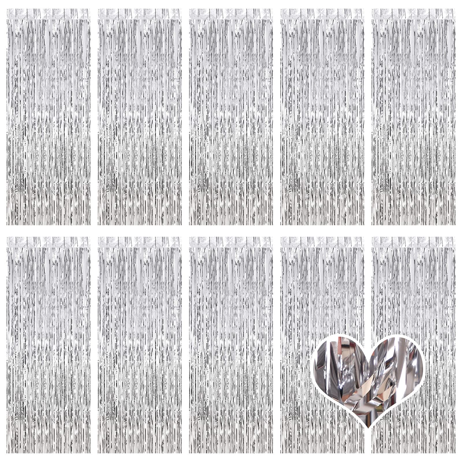 10 Pack Silver Backdrop Curtain 3.2Ft X 8.2Ft Metallic Tinsel Foil Fringe Curtains Photo Booth Background For Birthday Party Dec