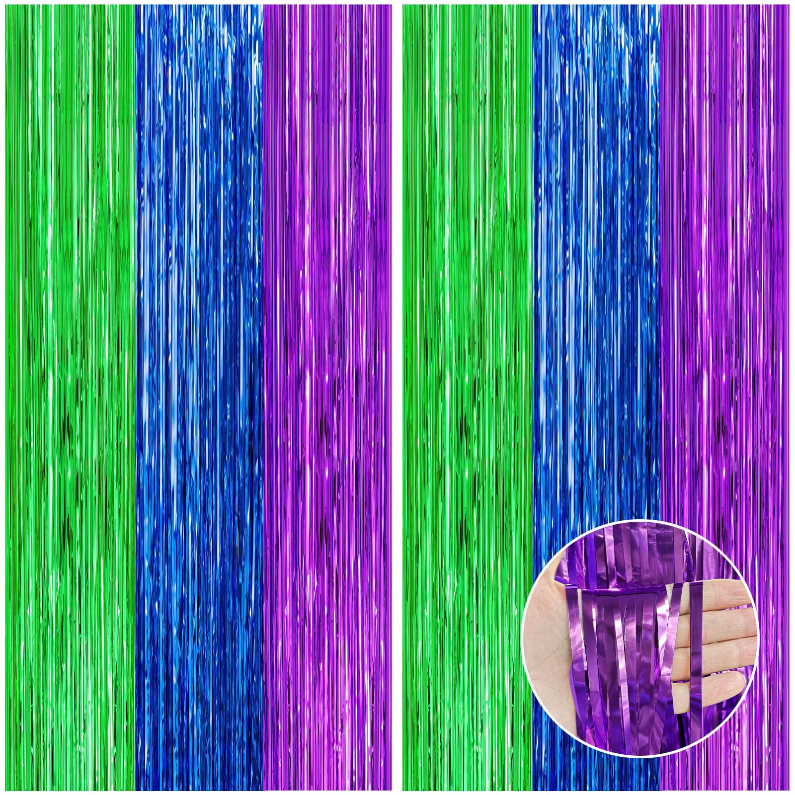 Canrevel 2 Pack 3.3X8.2 Feet Green Blue And Purple Foil Fringe Backdrop Curtains, Tinsel Streamers Birthday Party Decorations, P