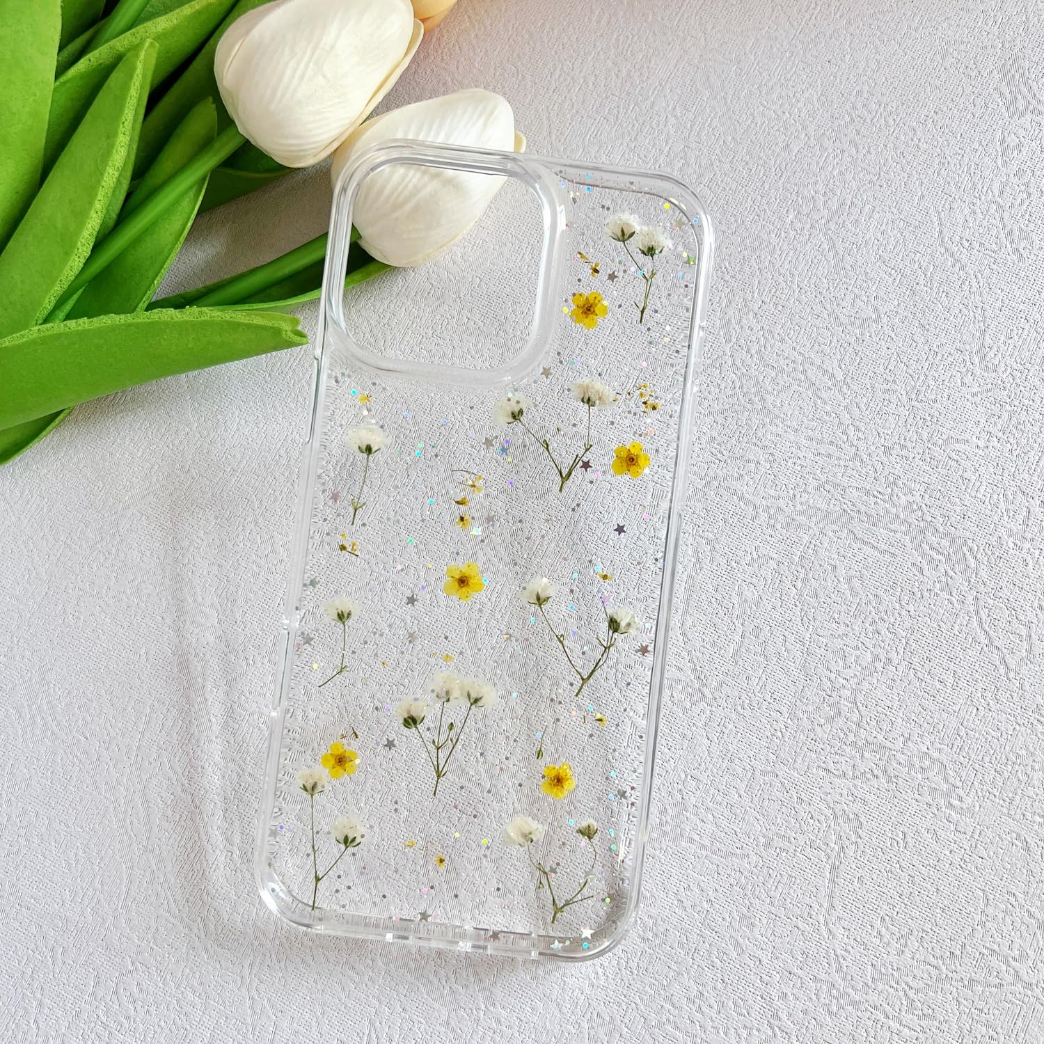 Lseeka For Iphone 16 Pro Clear Case With Pressed Real Flowers Design,Glitter Cute Yellow Floral Pattern Slim Soft Tpu Protective