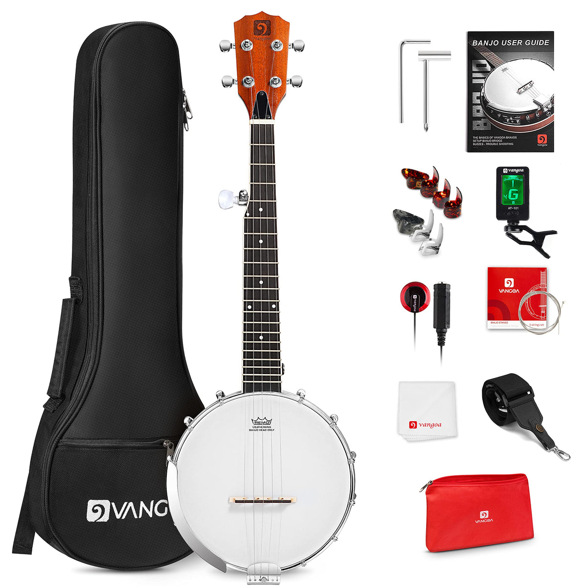 Vangoa 5 String Banjo 26 Inch, MINI Travel Banjo, Banjo Beginner Kit with Remo Head, Open Back & Closed Solid Back with beginner