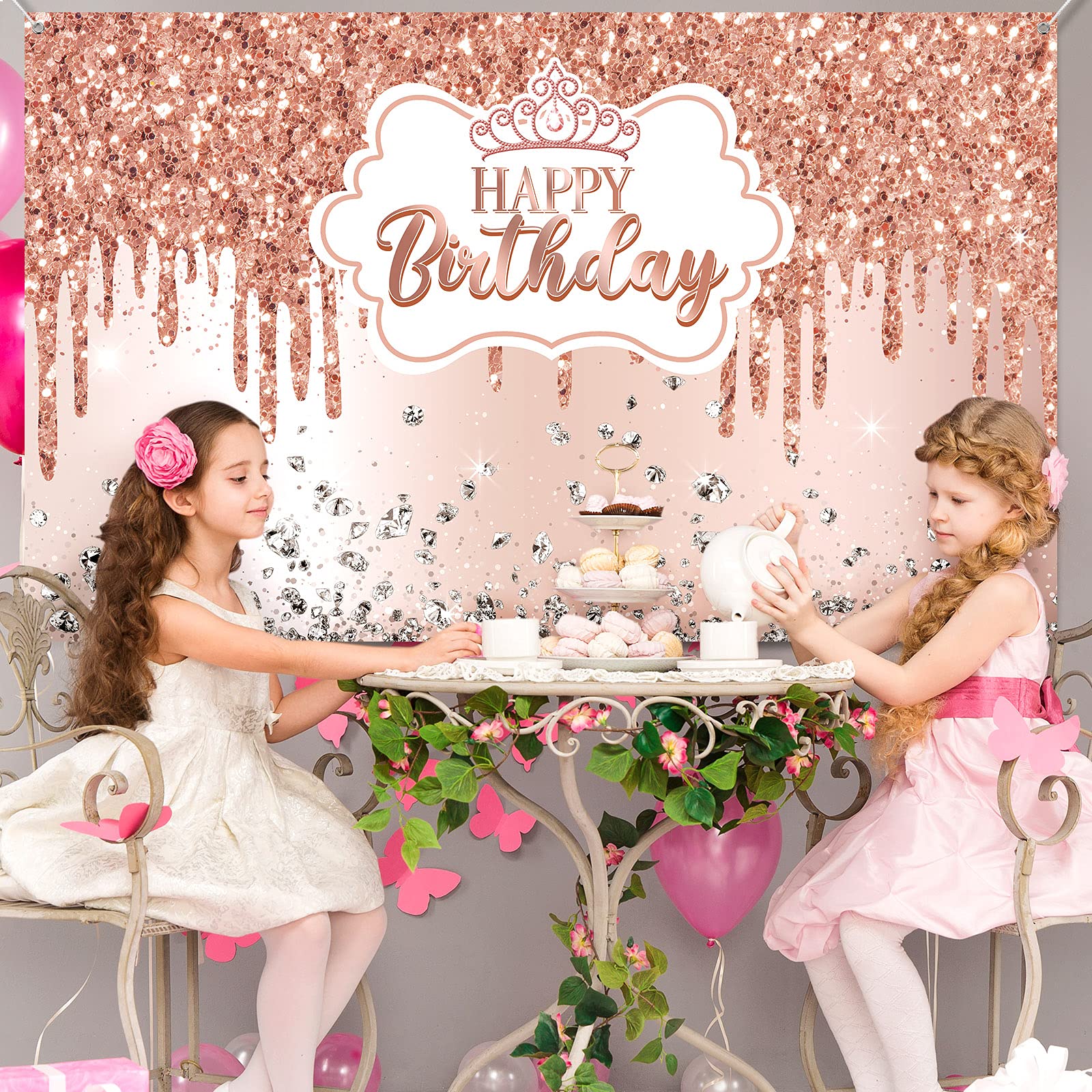 Rose Gold Happy Birthday Backdrop For Girls Women Rose Gold Happy Birthday Banner Glitter Diamond Birthday Backdrop Sweet Prince