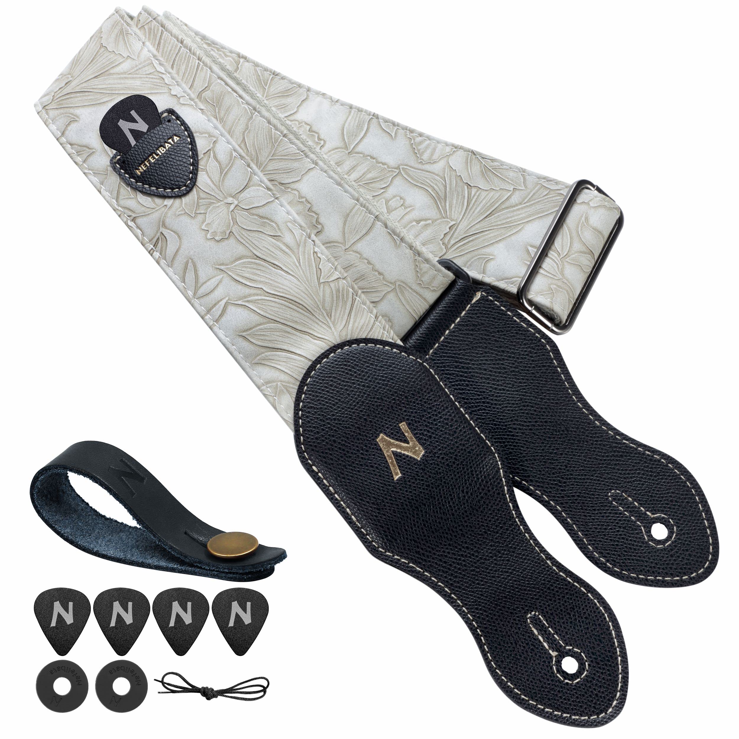 Nefelibata Guitar Strap With Pick Pocket,2.3 Inch Porter Style Leather Carving Guitar Straps,60S Vintage Style (White)