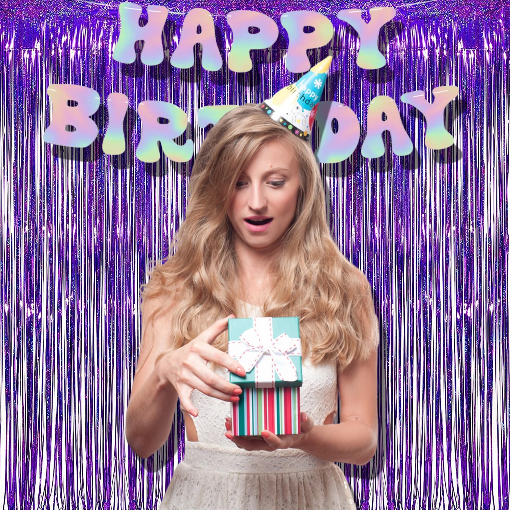 Braveshine Purple Tinsel Foil Fringe Curtains   2Pcs 3.2X8.2Ft Metallic Holidays Photo Backdrop For Birthdays Valentines Bridal