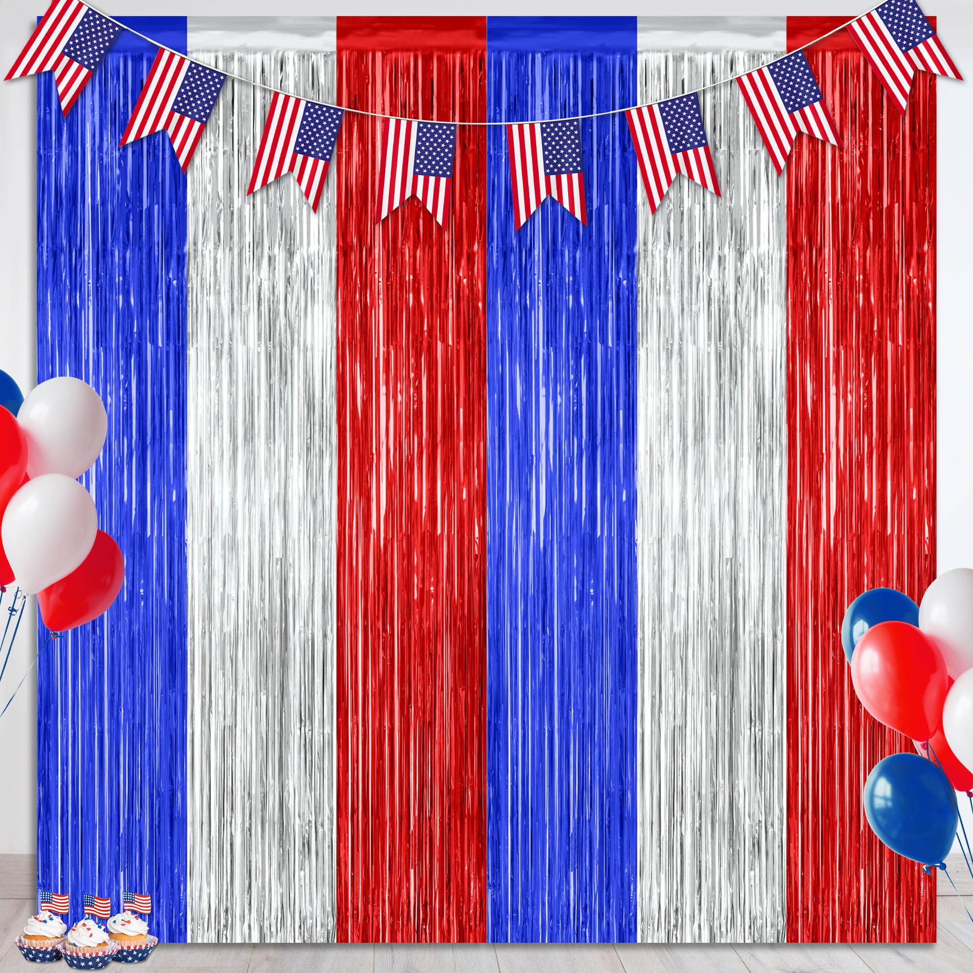 2 Pack 4th of July Party Supplies, 3.28 FT x 7.05 FT 4th of July Tinsel Backdrop, Blue Silver Red Color Fringe Curtains Streamer