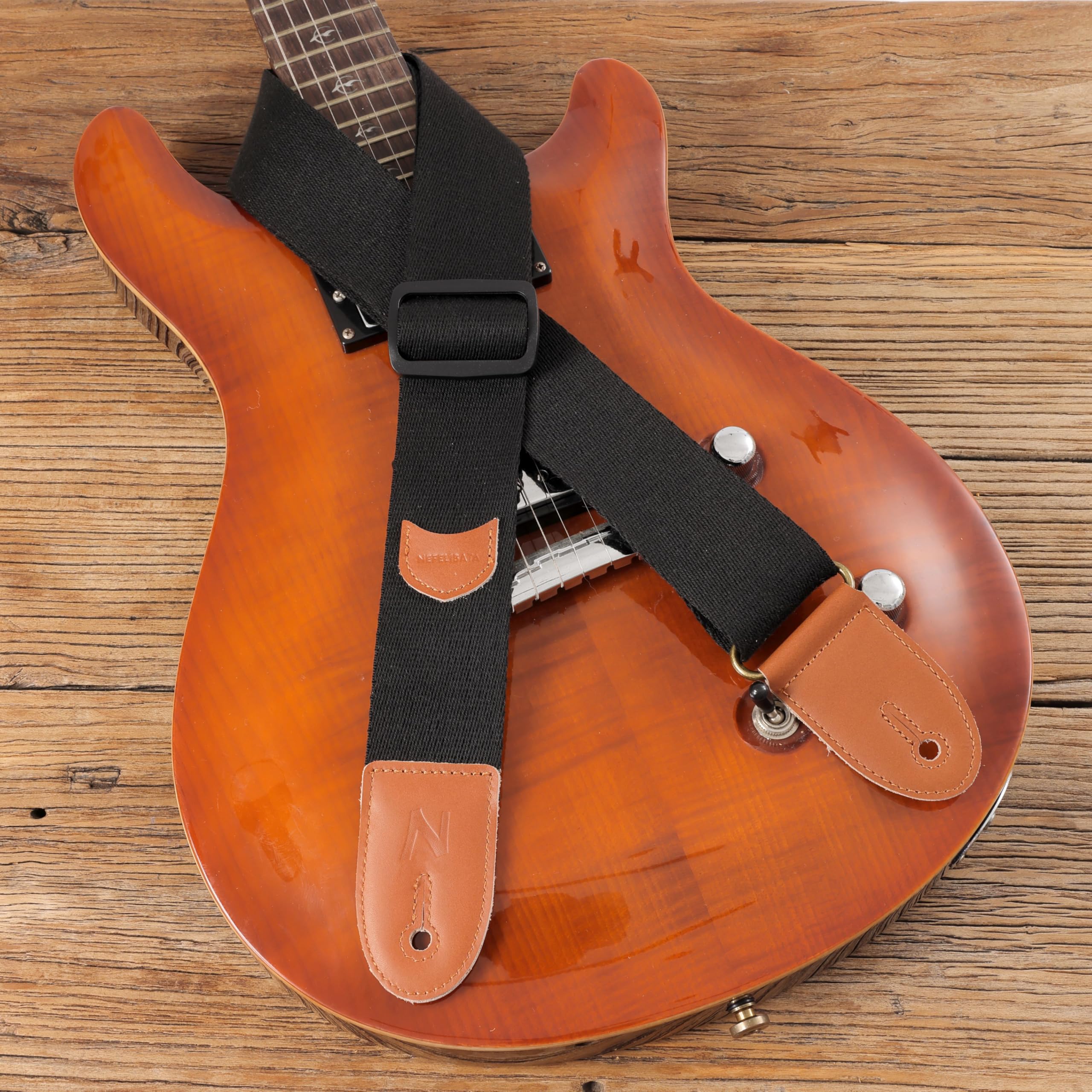 Nefelibata Guitar Strap, 100% Cotton Full Grain Leather Ends Guitar Straps With Pick Pocket For Bass, Electric & Acoustic Guitar