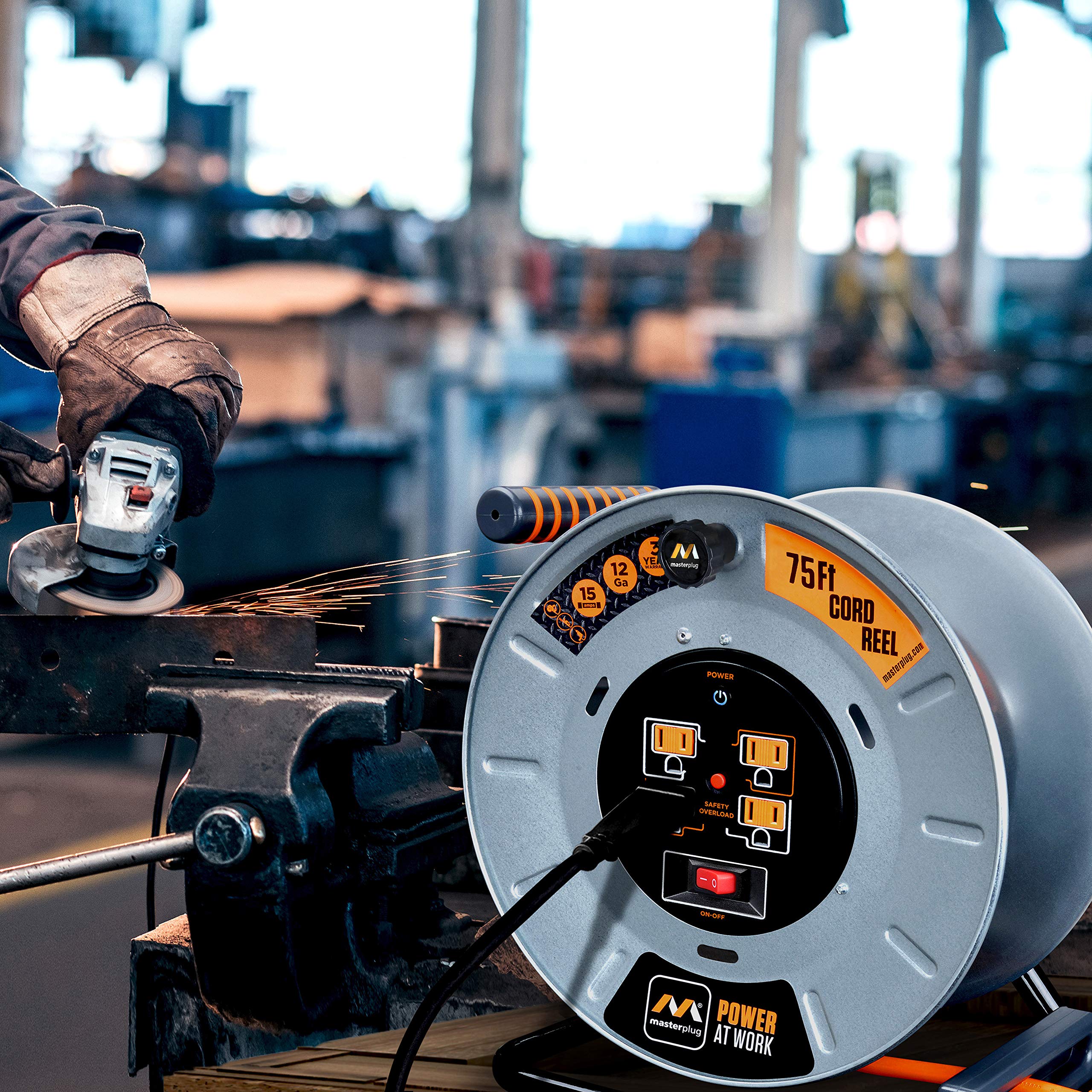 Masterplug Metal Steel Drum With Four Powered Outlets, Open Cord Reel Extension Cord With Winding Handle, Overload Circuit Break