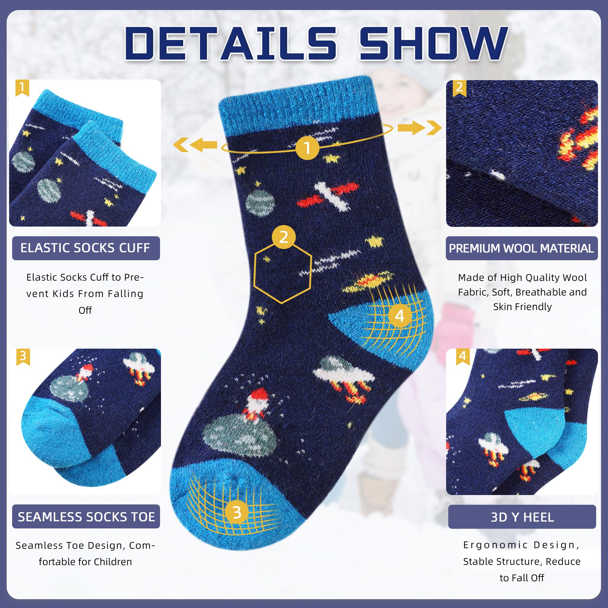 Eocom 6 Pairs Childrens Winter Warm Wool Socks Kids Toddlers Boys Girls Thermal Thick Boot Cozy Crew Socks (4 7 Years, Space)