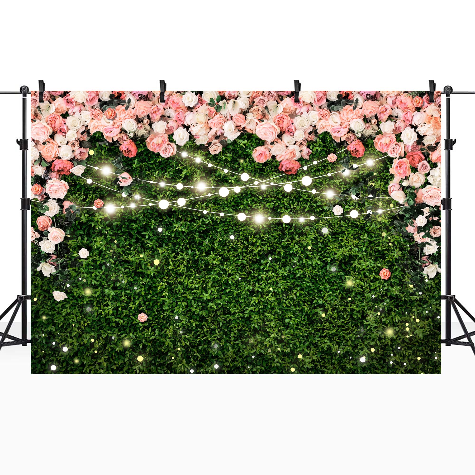 Riyidecor Flower Wall Backdrop 7Wx5H Feet Polyester Fabric Pink Rose Floral Blossom Green Leaves Plant Spring Nature Birthday Wo