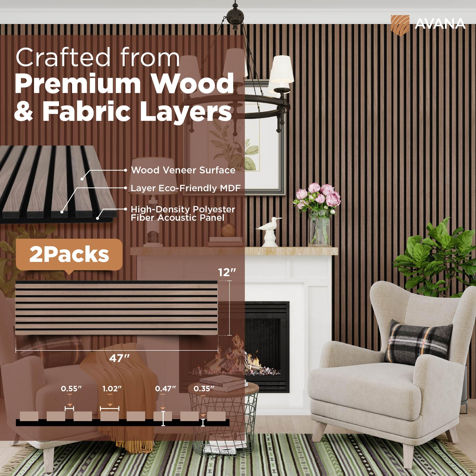 Avana Acoustic Wood Wall Panels   47.2 X 12.6 Inch Walnut Acoustic Panels 2 Pcs   Wall Panels For Interior Wall Decor For Homes,