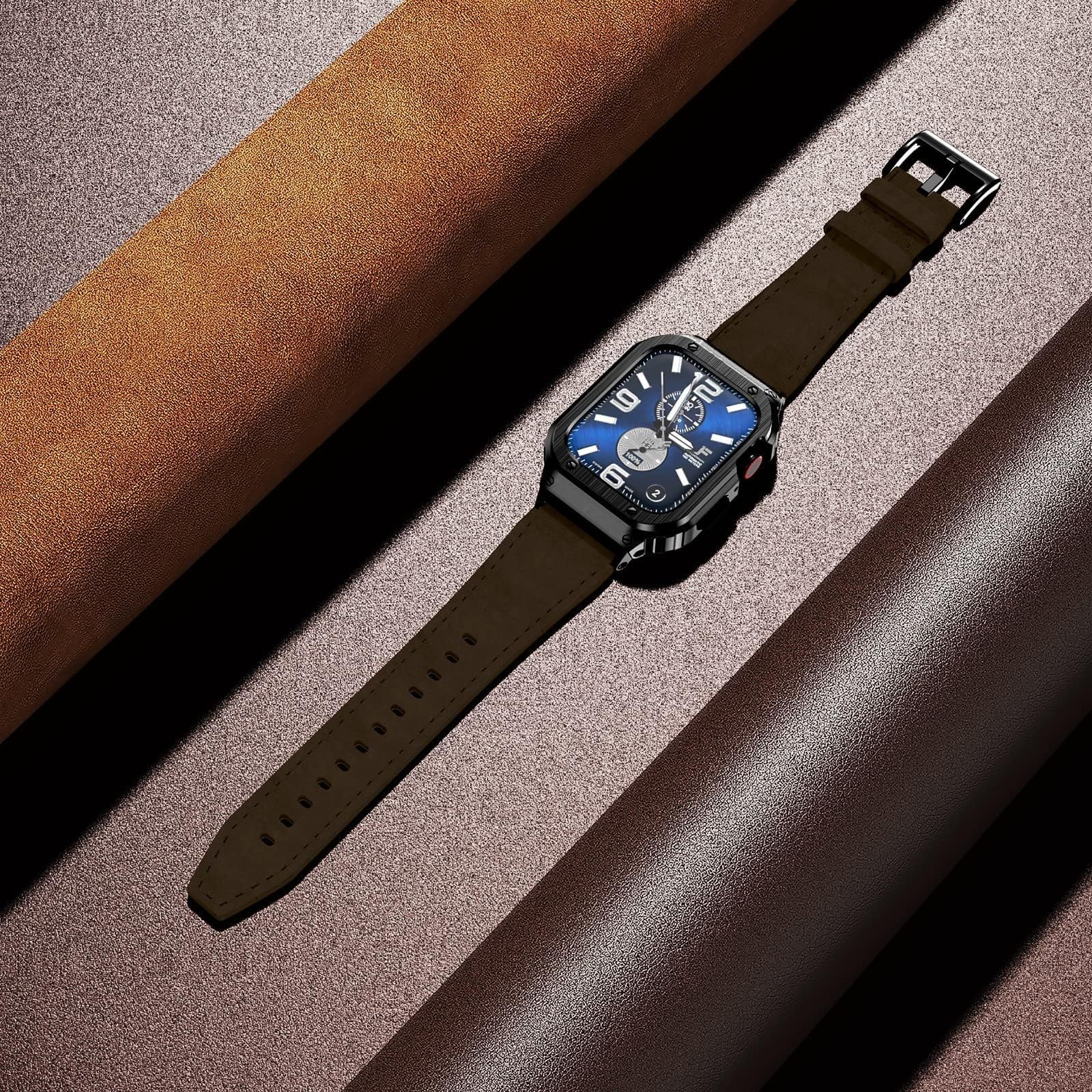 Suplink Stainless Steel Case And Bands Compatible With Apple Watch Band 44Mm 42Mm,Leather Strap Rugged Cover For Iwatch Series S