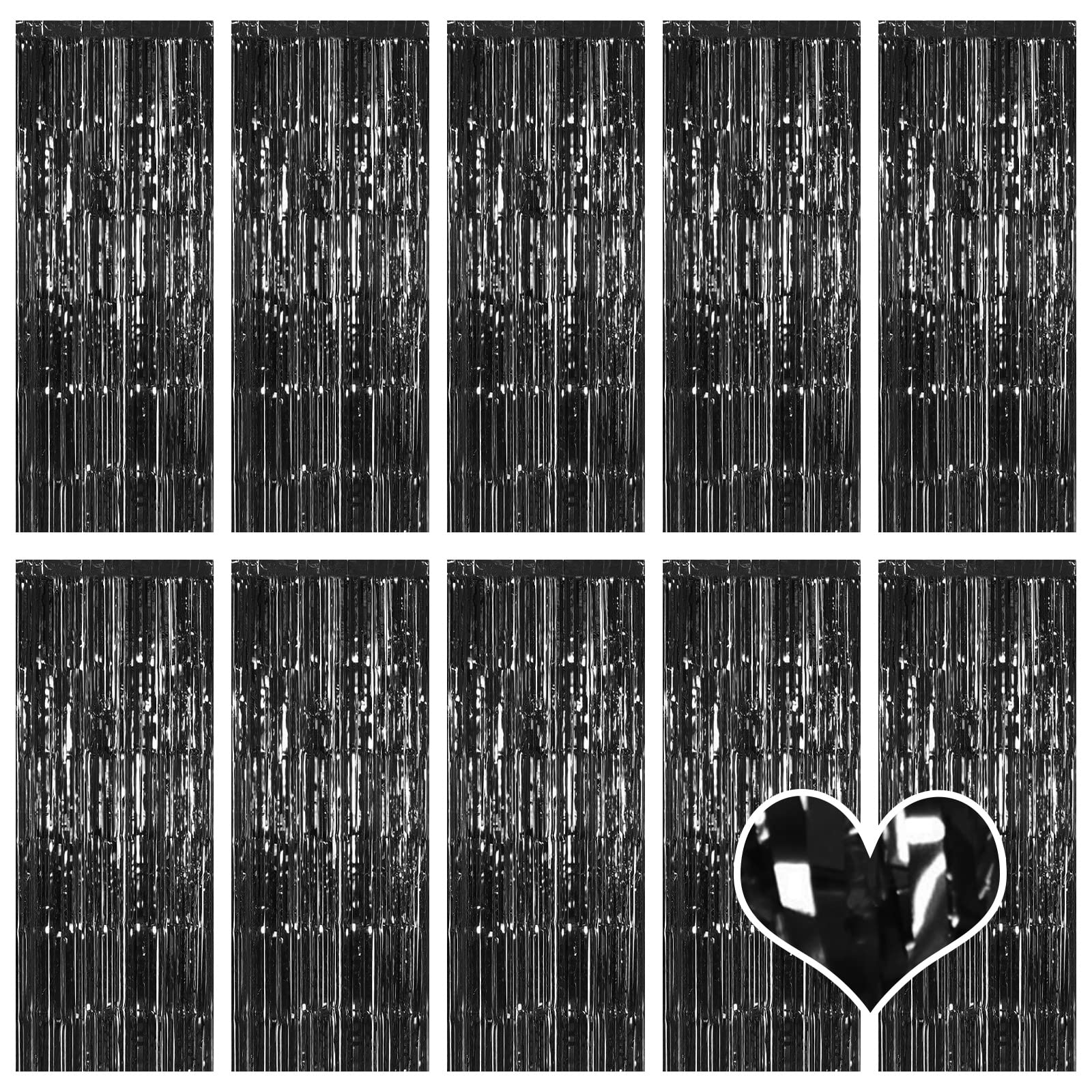 10 Pack Black Backdrop Curtain 3.2Ft X 8.2Ft Metallic Tinsel Foil Fringe Curtains Photo Booth Background For Birthday Party Deco