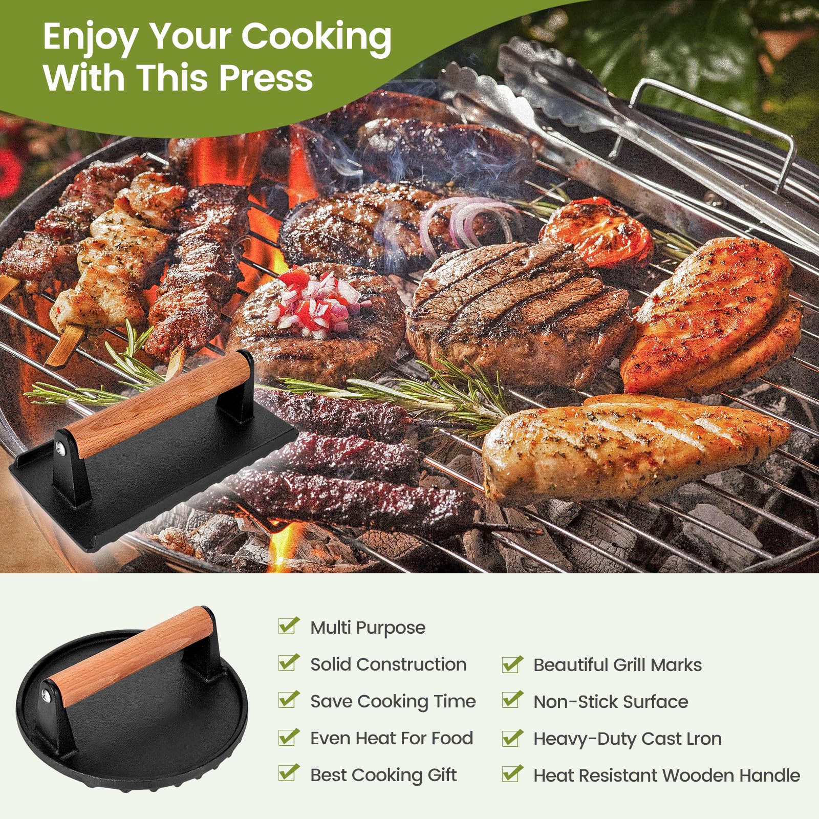 Blackstone Burger Press 7    Round Cast Iron Smash Bacon Press & 8.3   X4.3    Rectangle Cast Iron Grill Press With Wooden Handl