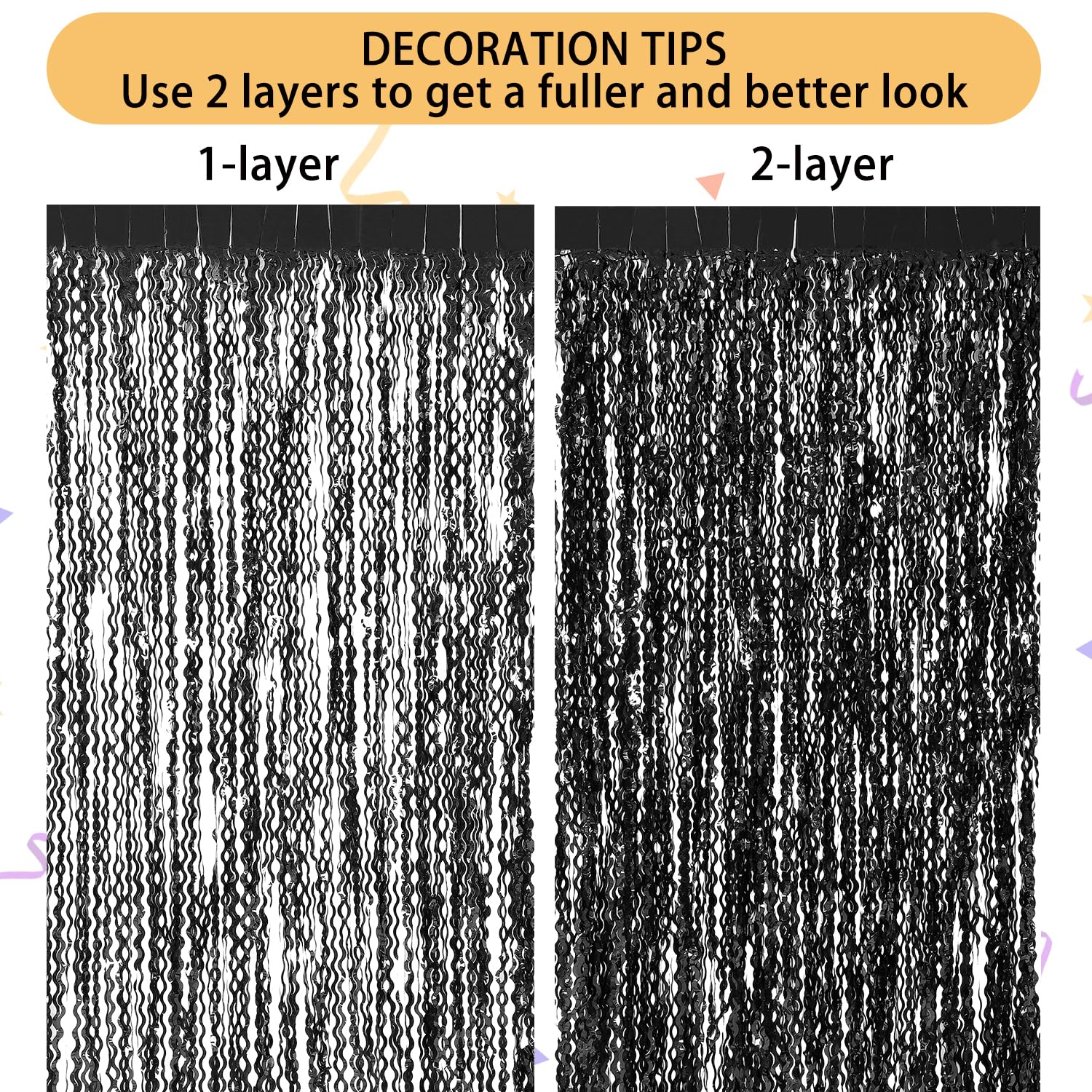 3 Pack Wavy Black Tinsel Foil Fringe Curtains Party Backdrop, 3.3 X 6.6 Ft Streamer Backdrop Tinsel Curtains For Birthday, Gradu