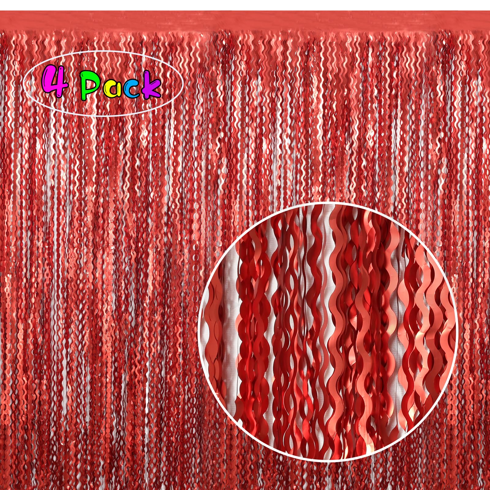 4 Pack Red Streamers Party Decorations   3.3X6.6Ft Foil Curtain Background For Birthday Decorations | Wedding | Halloween | Chri