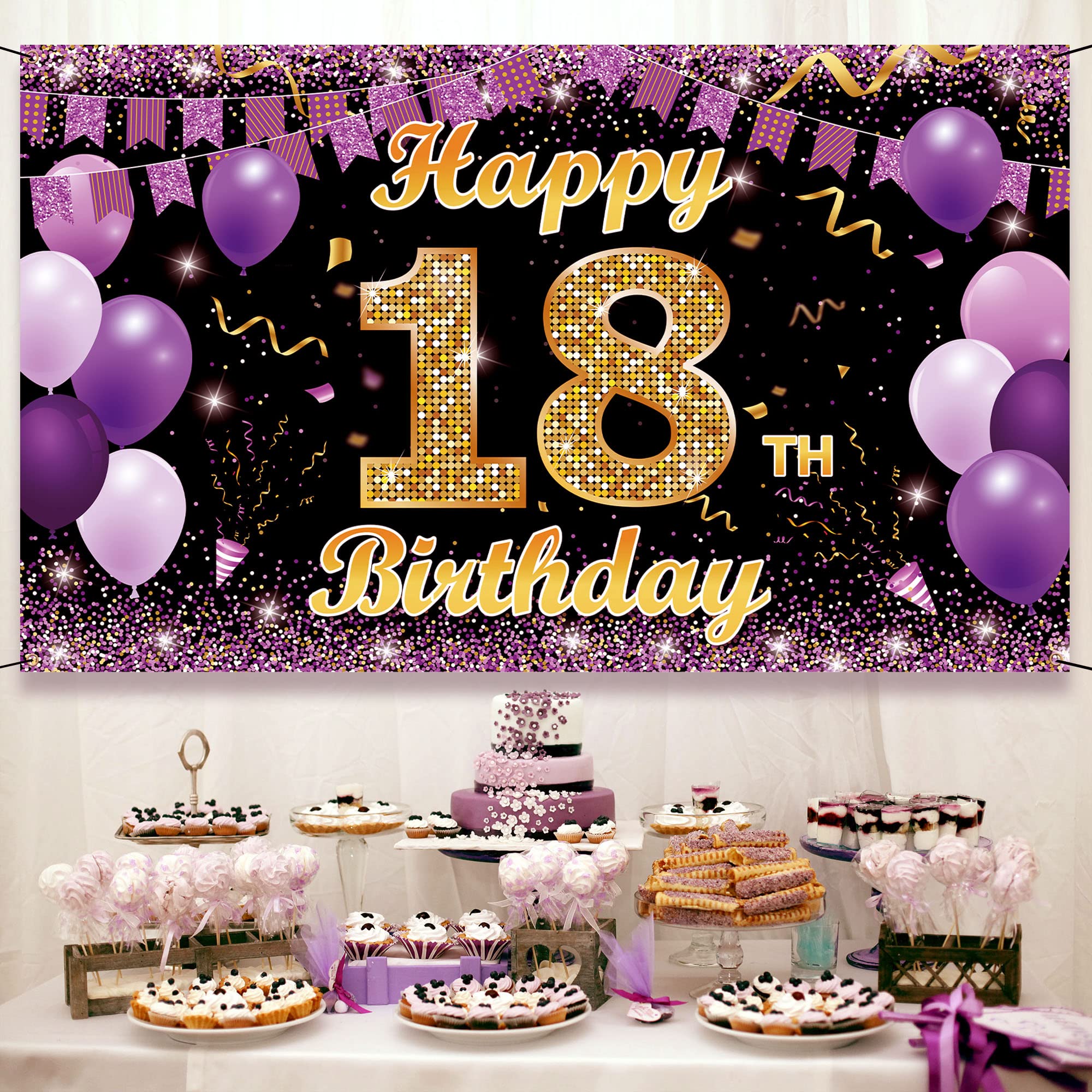 18Th Birthday Decoration Backdrop Banner, Happy 18Th Birthday Decorations For Girls, Gold Purple 18 Birthday Party Photo Booth P