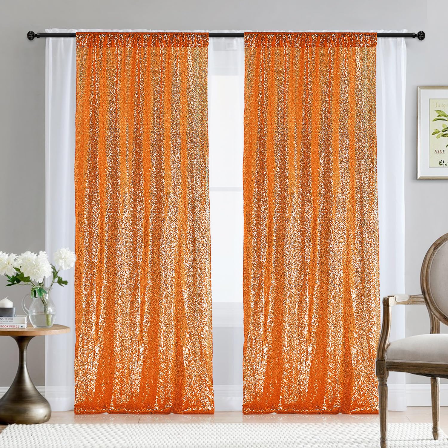 2  8Ft 2Pcs Orange Sequin Backdrop Curtains Panels, Photography Backdrop Glitter Curtains Fabric Background For Christmas Weddin