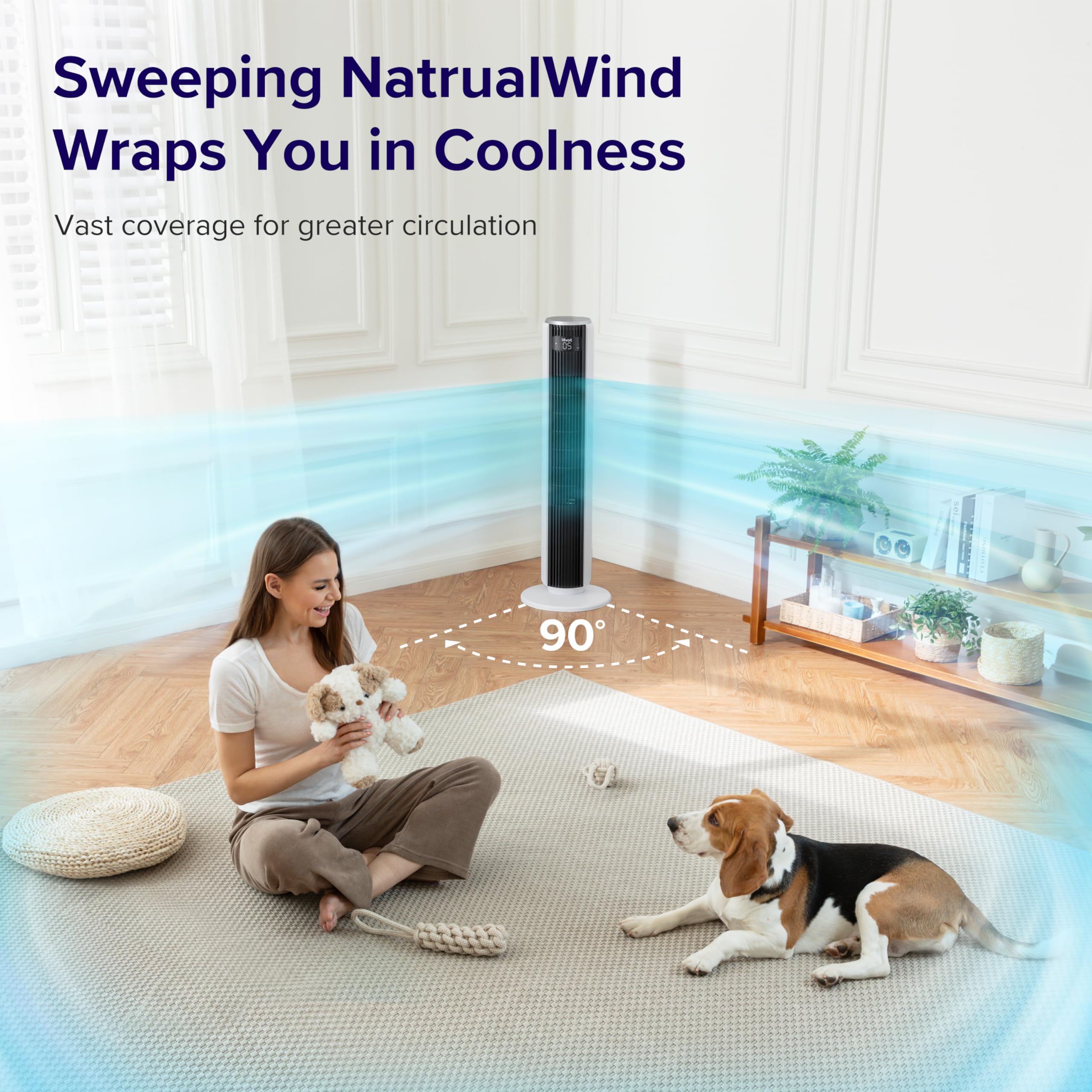 Levoit Tower Fan For Bedroom, 25Ft/S Standing Fans That Blow Cold Air For Home, Floor Fan 90 Oscillating For Indoors, 28Db Quiet