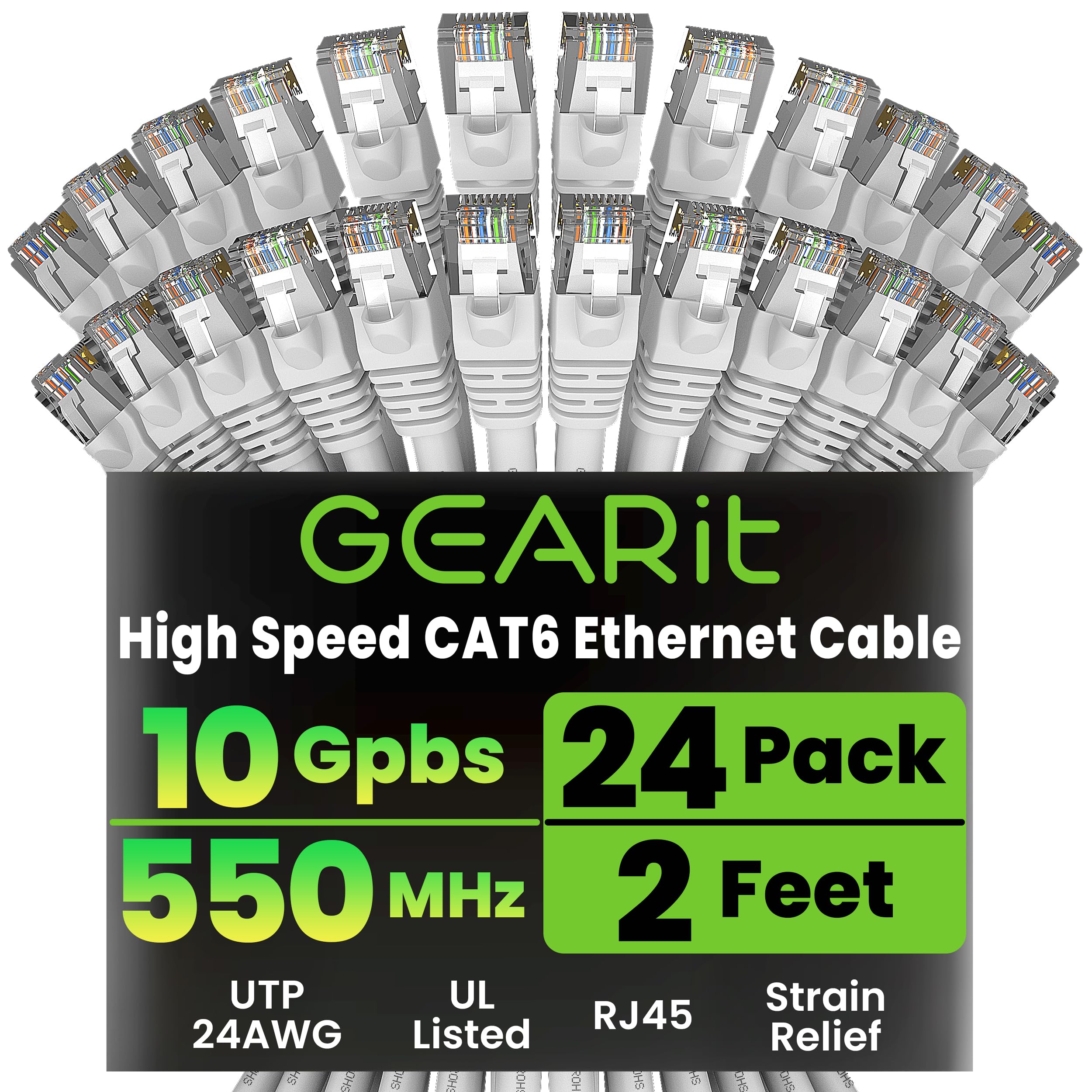 GearIT Cat 6 Ethernet Cable (24-Pack 2 Feet) Cat6 Network Patch, 10Gbps, RJ45, Snagless Cord, Gold-Plated Connectors, Internet f