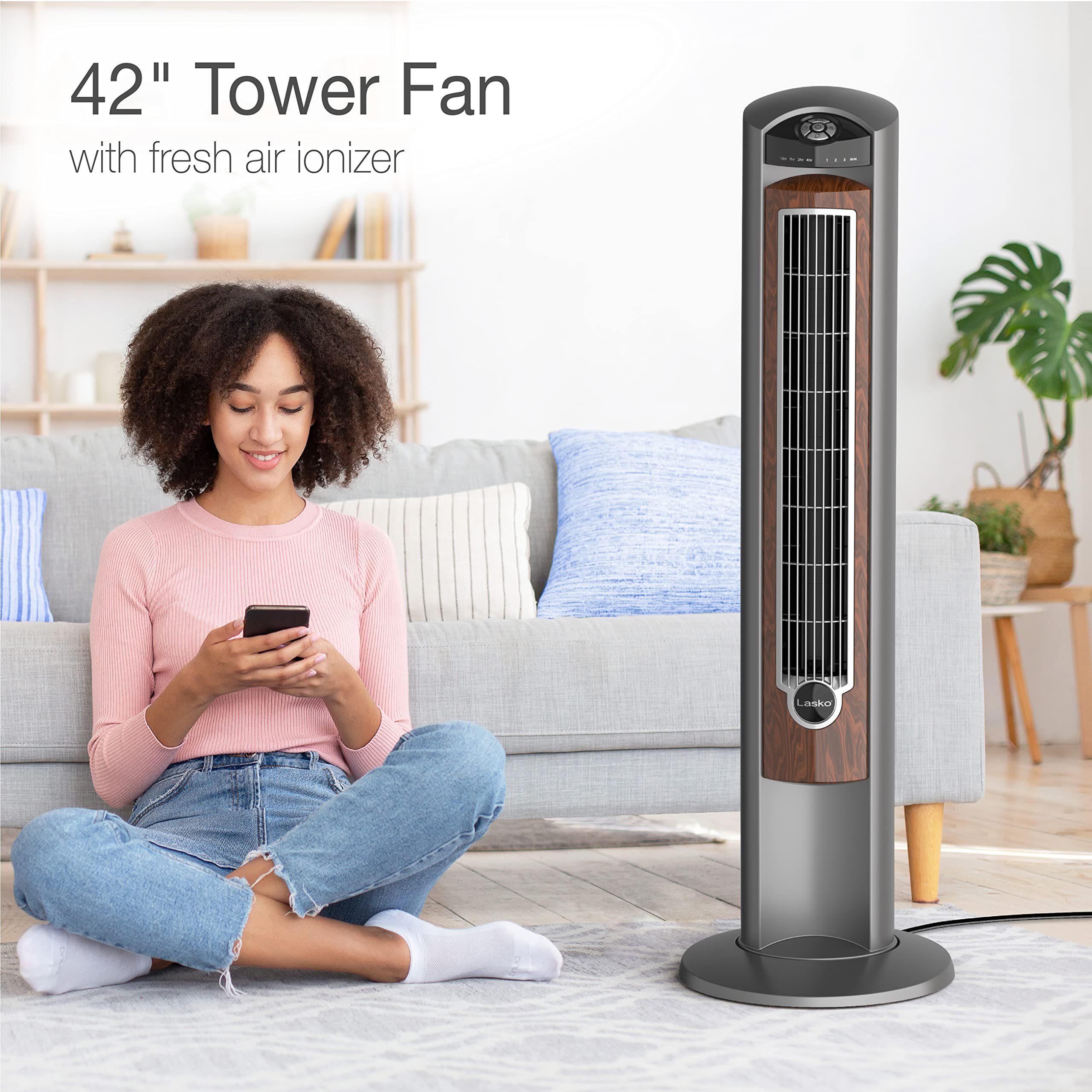 Lasko Wind Curve Oscillating Tower Fan, Fresh Air Ionizer, Timer, Remote Control, Portable Electric Fan For Indoor, Bedroom And