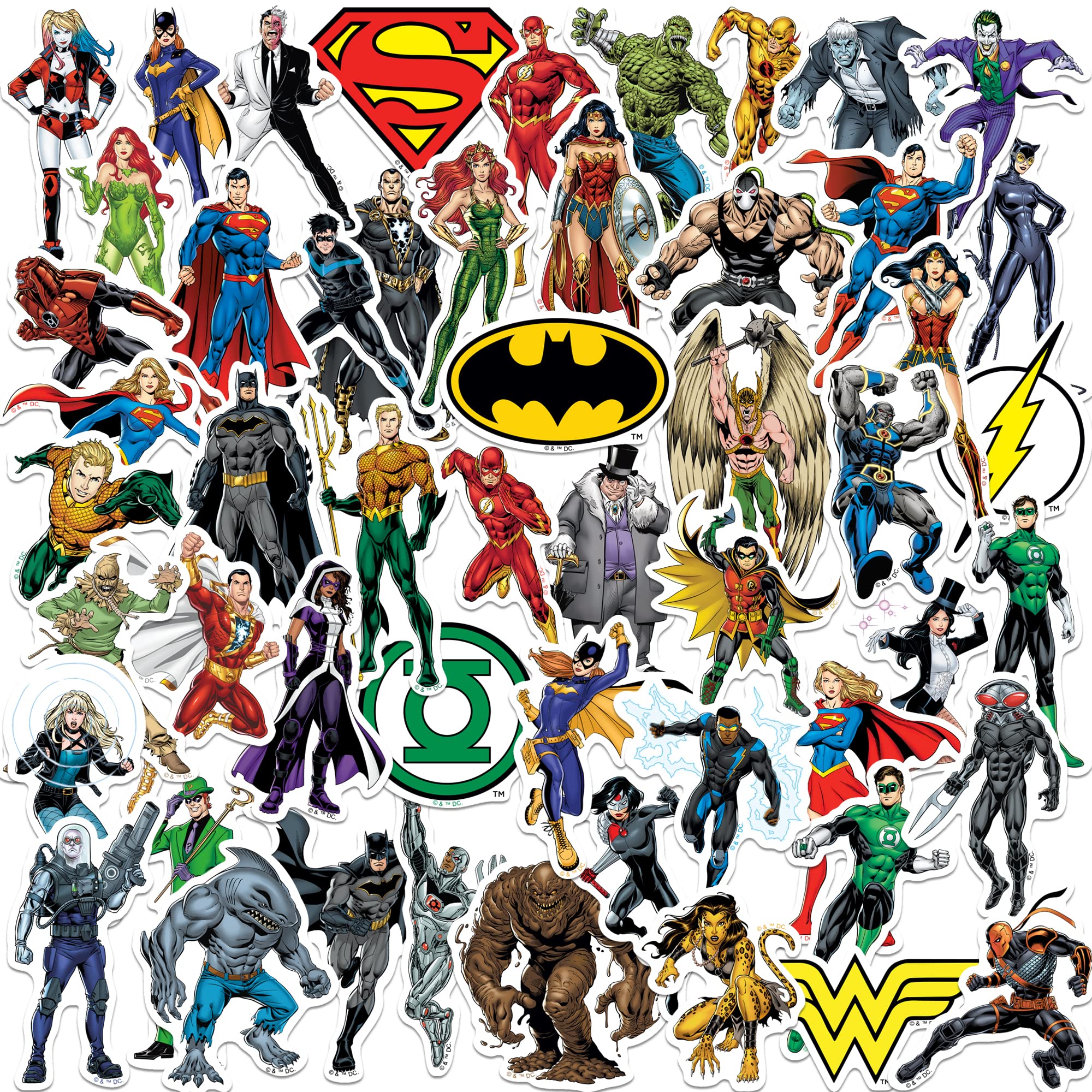 Justice League Characters 50Ct Vinyl Large Deluxe Stickers Variety Pack   Laptop, Water Bottle, Scrapbooking, Tablet, Skateboard