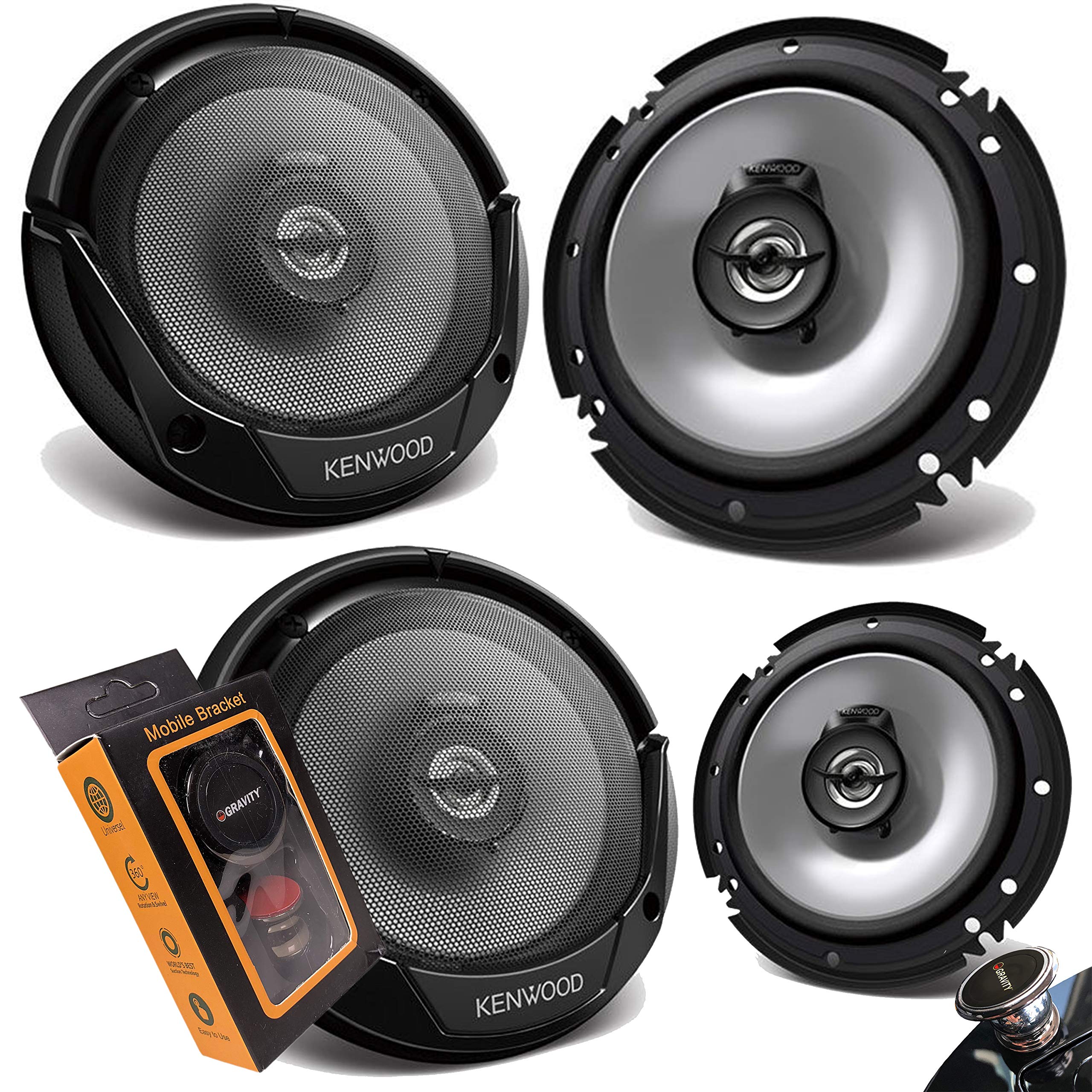 2 Pairs Of Kenwood Kfc 1666S 600W Max (60W Rms) 6.5'' Kfc 2 Way Coaxial Car Speakers (4 Speakers) With Gravity Magnet Phone Hold
