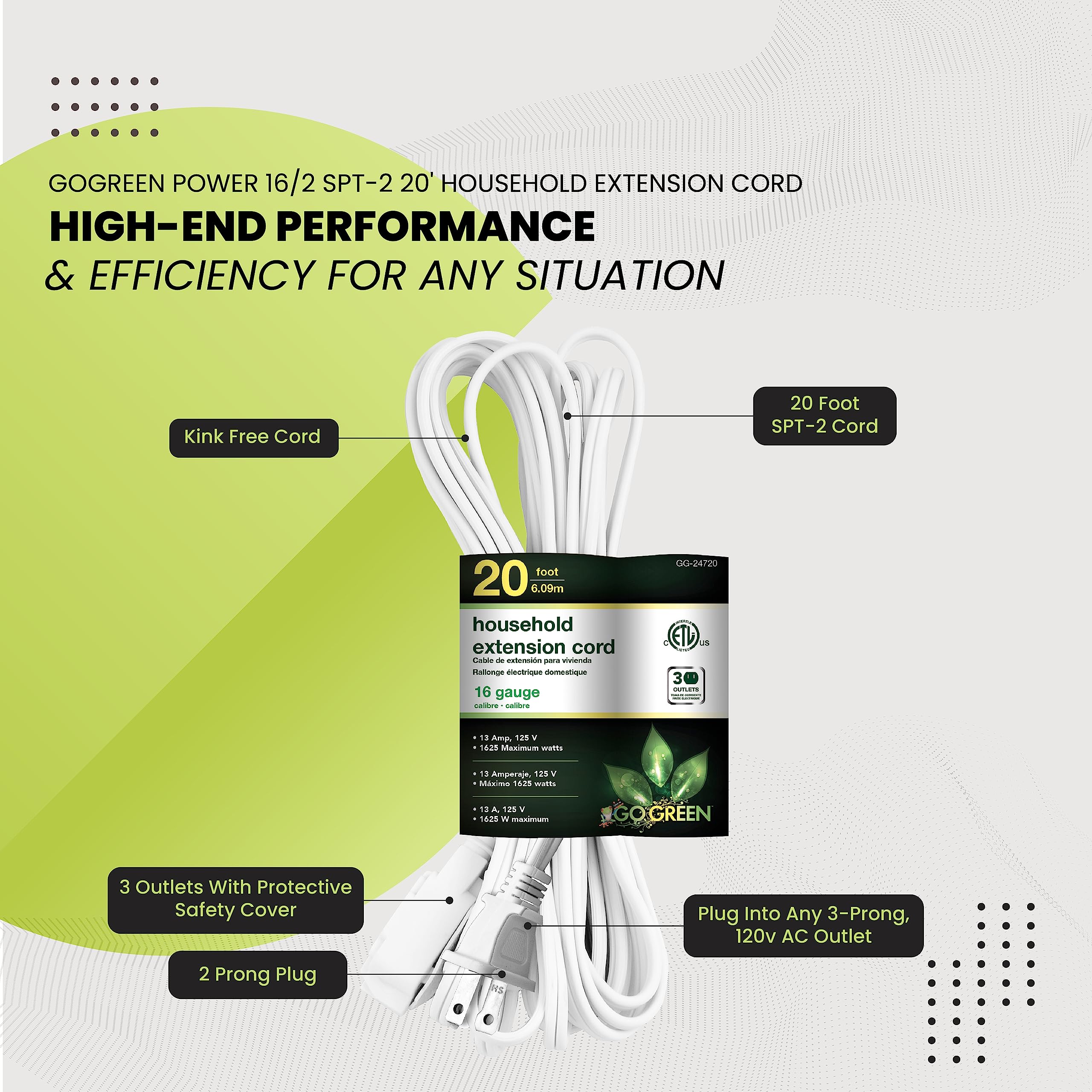 Go Green Power Inc. 20Ft Household Extension Cord, White, 3 Outlets, 16/2, Indoor Use Only   Safe, Reliable, And Child Safe Cove
