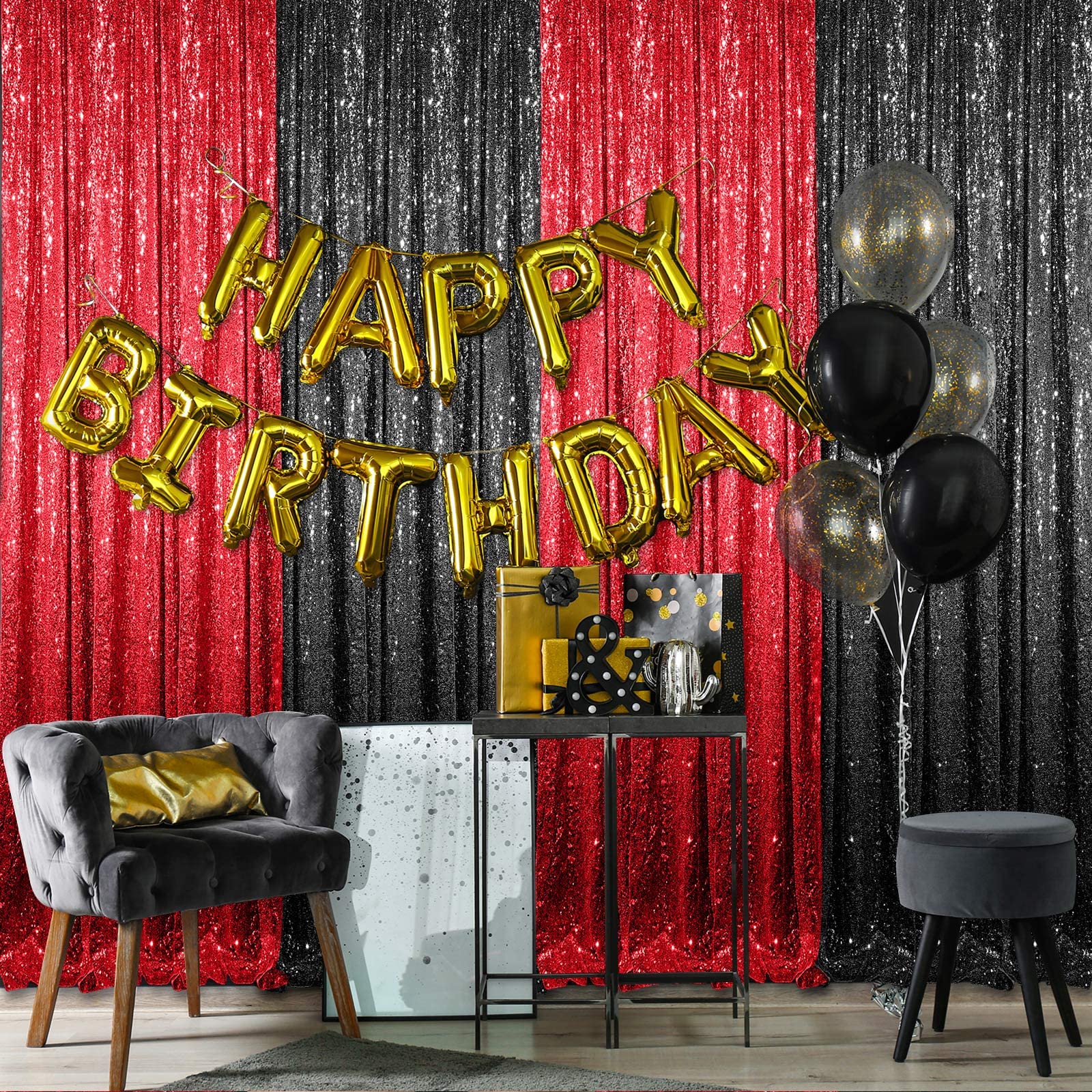 Tatuo Sequin Backdrop, 4 Panels 2Ft X 8Ft, High Density Material, Black & Red, Occasion Type: New Year, Christmas, Birthday, Tha