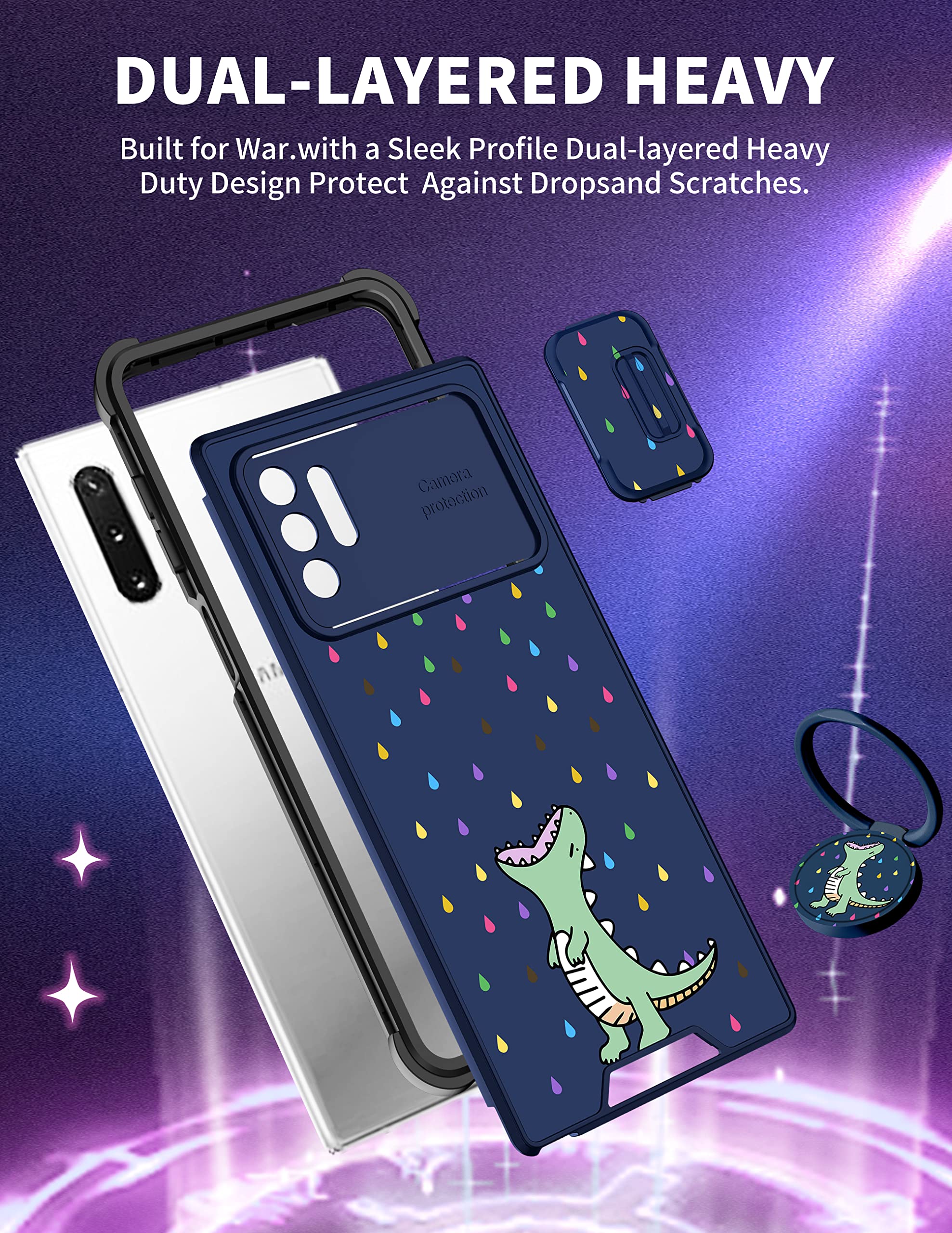 Goocrux (2In1 For Samsung Galaxy Note 10 Plus Case Women Girls Cute Cartoon Phone Cover With Slide Camera Cover+Ring Holder Gree