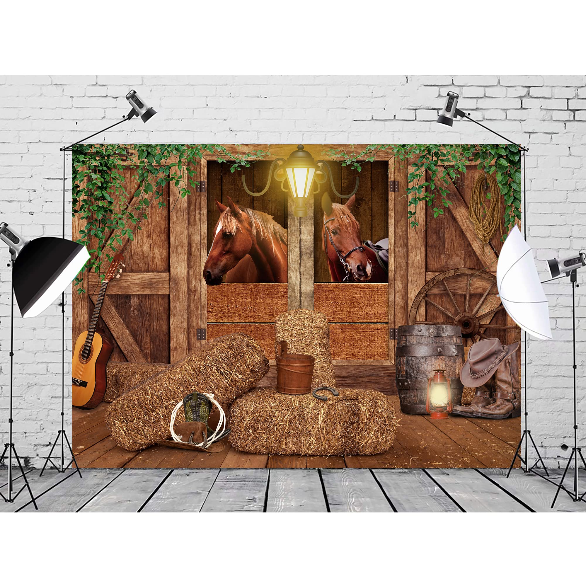 Svbright Stable Western Backdrop 8Wx6H Farmhouse Brown Wood Barn Door Green Leaves Cowboy Horse Old Wheels Light Guitar Wild Wes