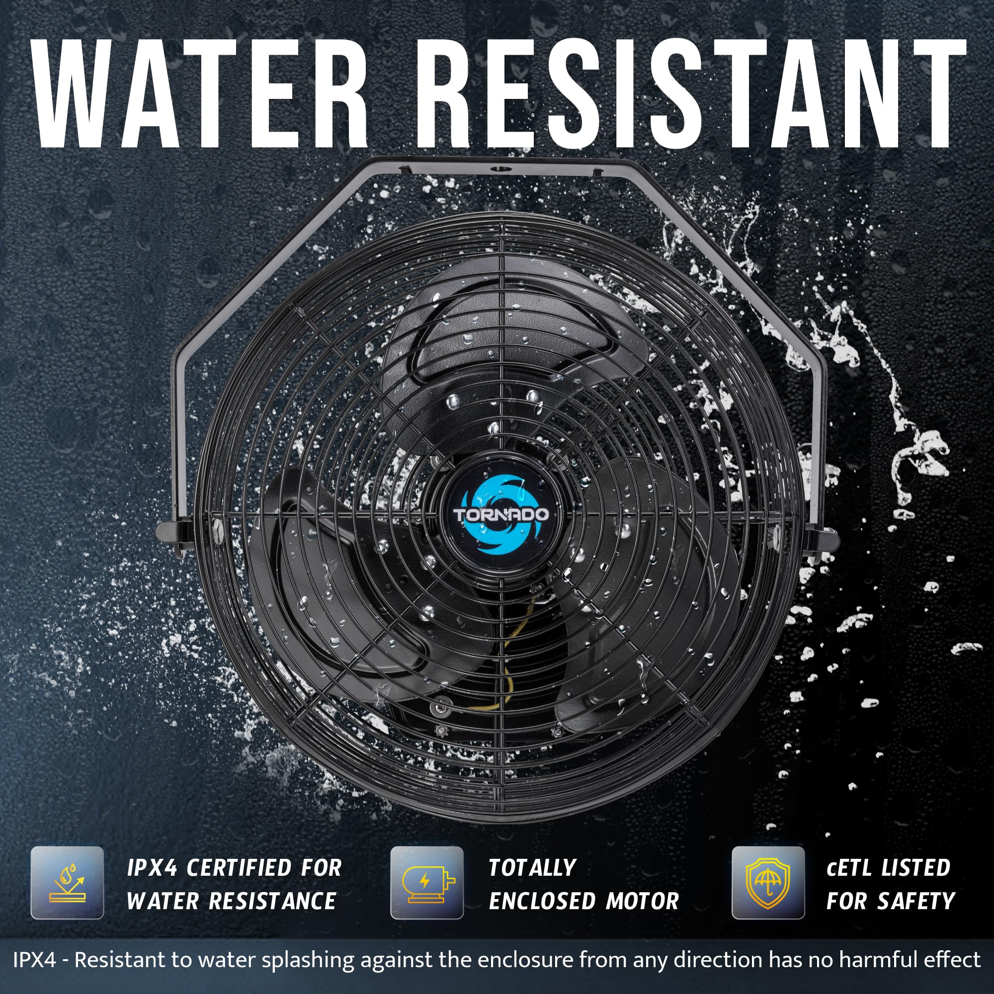 Tornado 12 Inch Outdoor Water-Resistant Wall Mounted Fan Ipx4 Rated 3 Speed High Velocity Meatl Wall Fan For Commercial, Industr