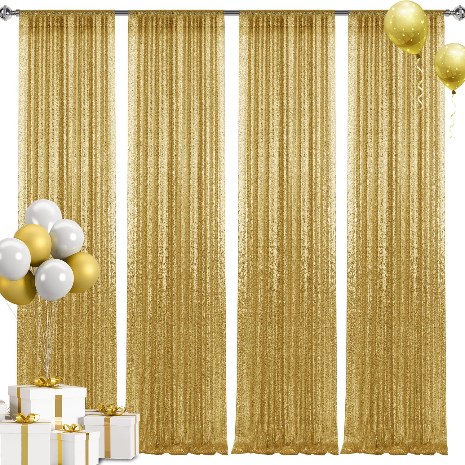 2  8Ft 4Pcs Gold Sequin Backdrop Curtains Panels, Photography Backdrop Glitter Curtains Fabric Background For Christmas Wedding