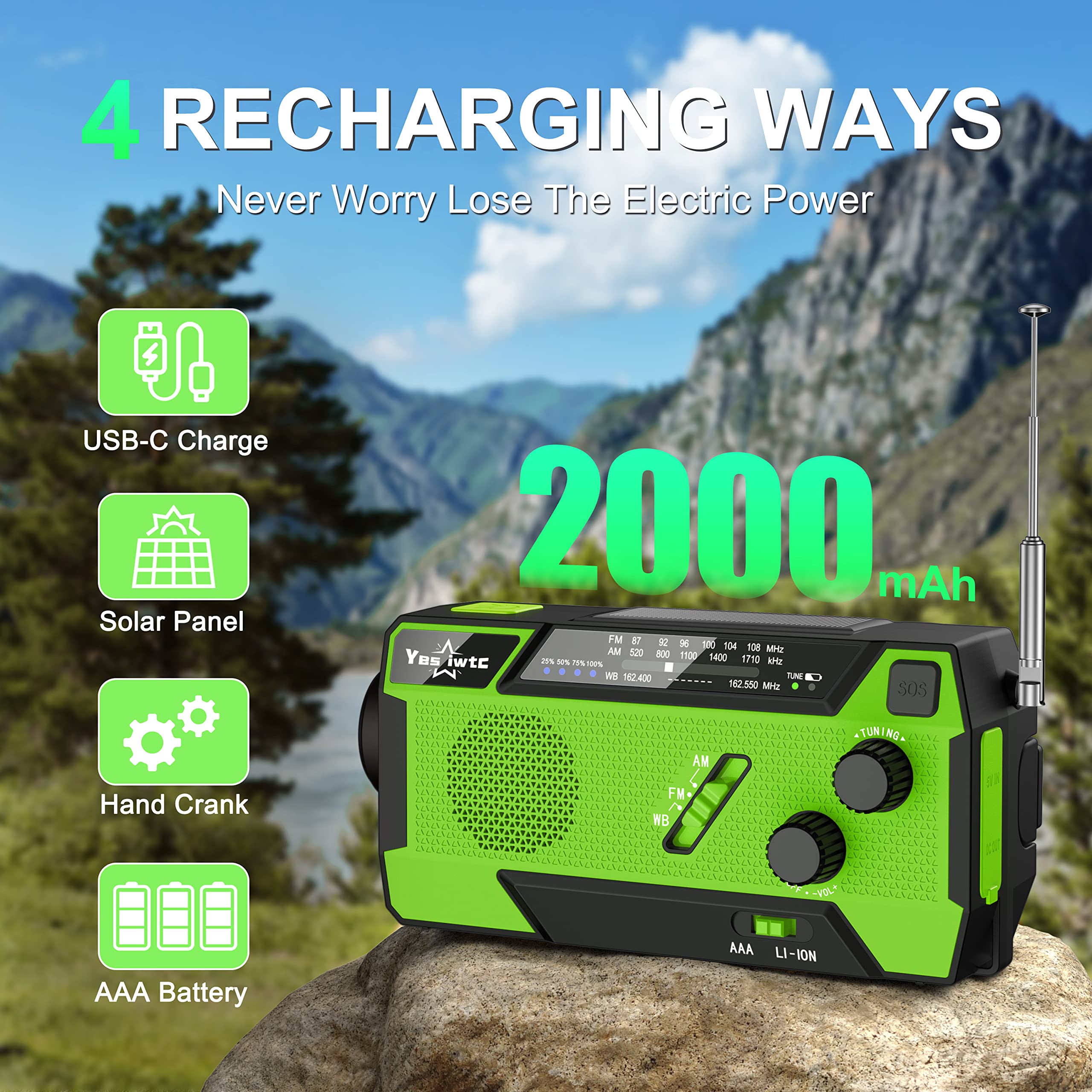Yesiwtc 7400Mwh Noaa Emergency Weather Radio With 3 In 1 Charging Cable Emergency Radio Solar Hand Crank Alert Radio 3 Power Sup