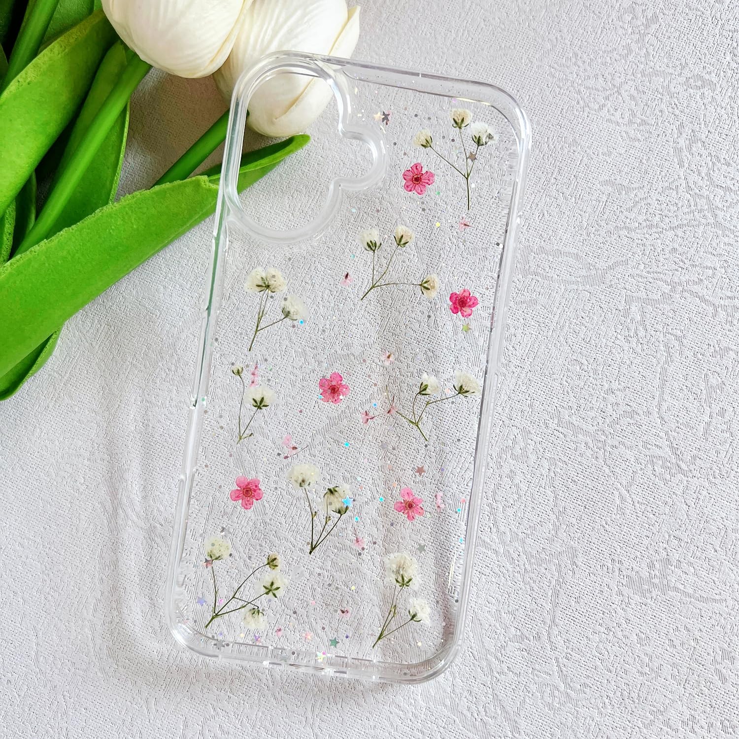 Lseeka For Iphone 16 Plus Clear Case With Pressed Real Flowers Design,Glitter Cute Pink Floral Pattern Slim Soft Tpu Protective