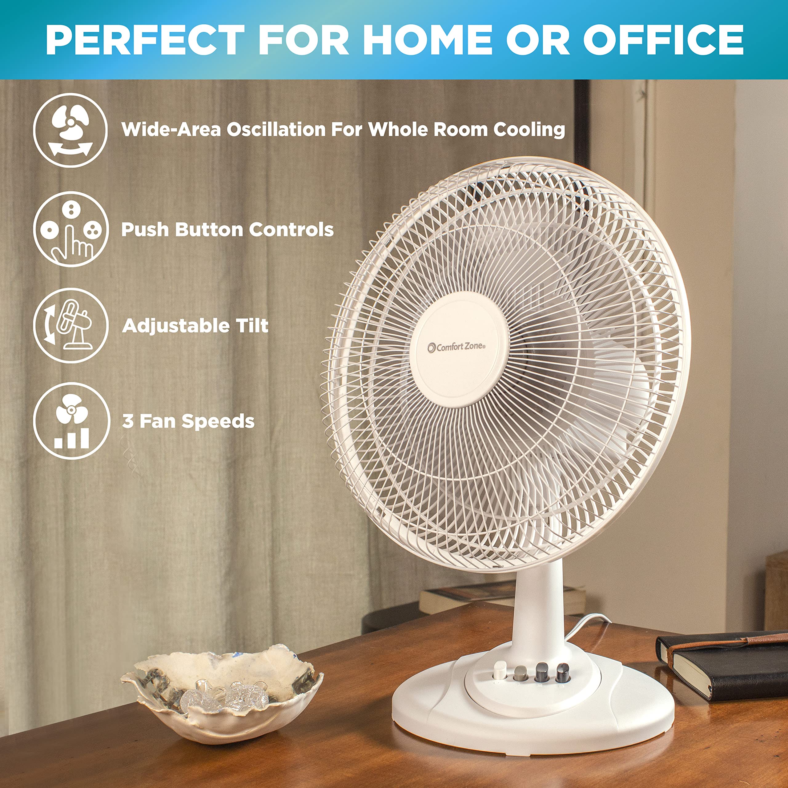 Comfort Zone Cz121Wt 12    3 Speed Oscillating Table Fan With Adjustable Tilt, Convenient Push Button Controls, Quiet Operation,