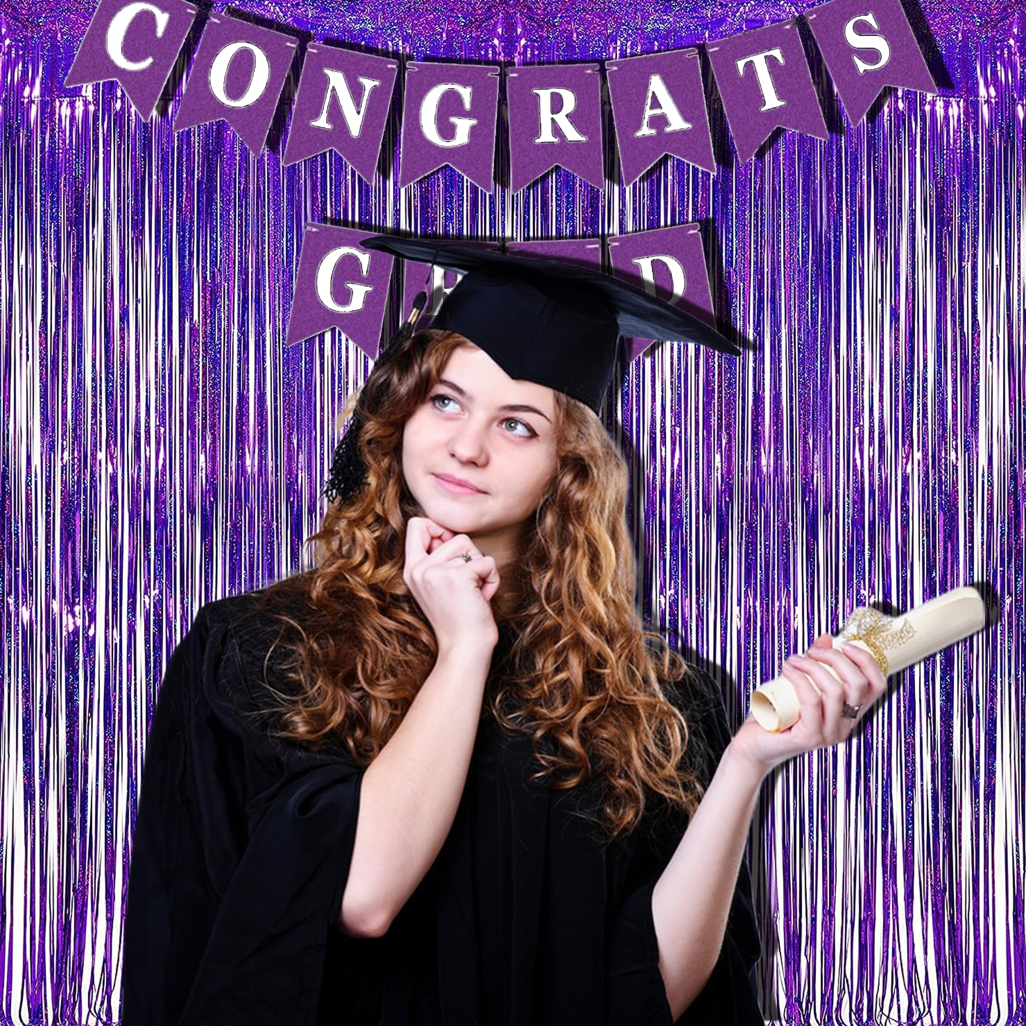 Braveshine Purple Tinsel Foil Fringe Curtains   2Pcs 3.2X8.2Ft Metallic Holidays Photo Backdrop For Birthdays Valentines Bridal