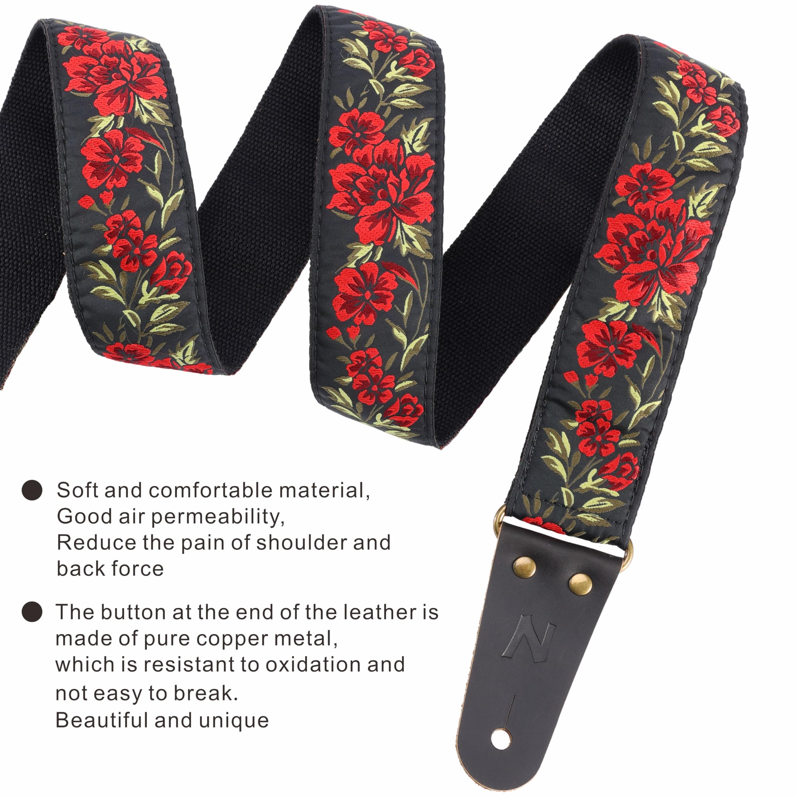 Nefelibata Guitar Strap, 2'' Cotton Embroidery Guitar Straps, Full Grain Leather Ends With Invisible Pocket, For Bass, Electric