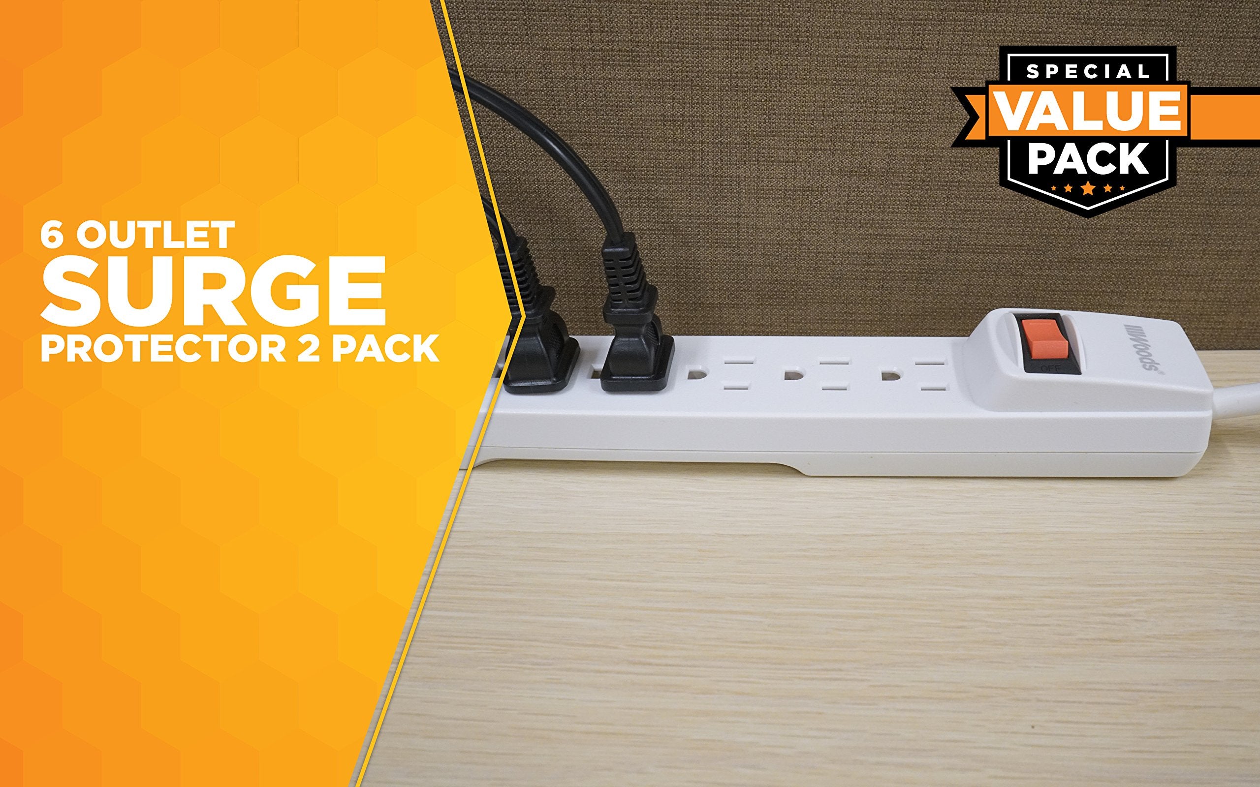 Woods 41346 Surge Protector With Overload Safety Feature 6 Outlets And 2.5 Ft Cord For 280J Of Protection, White, 2 Pack, One Size