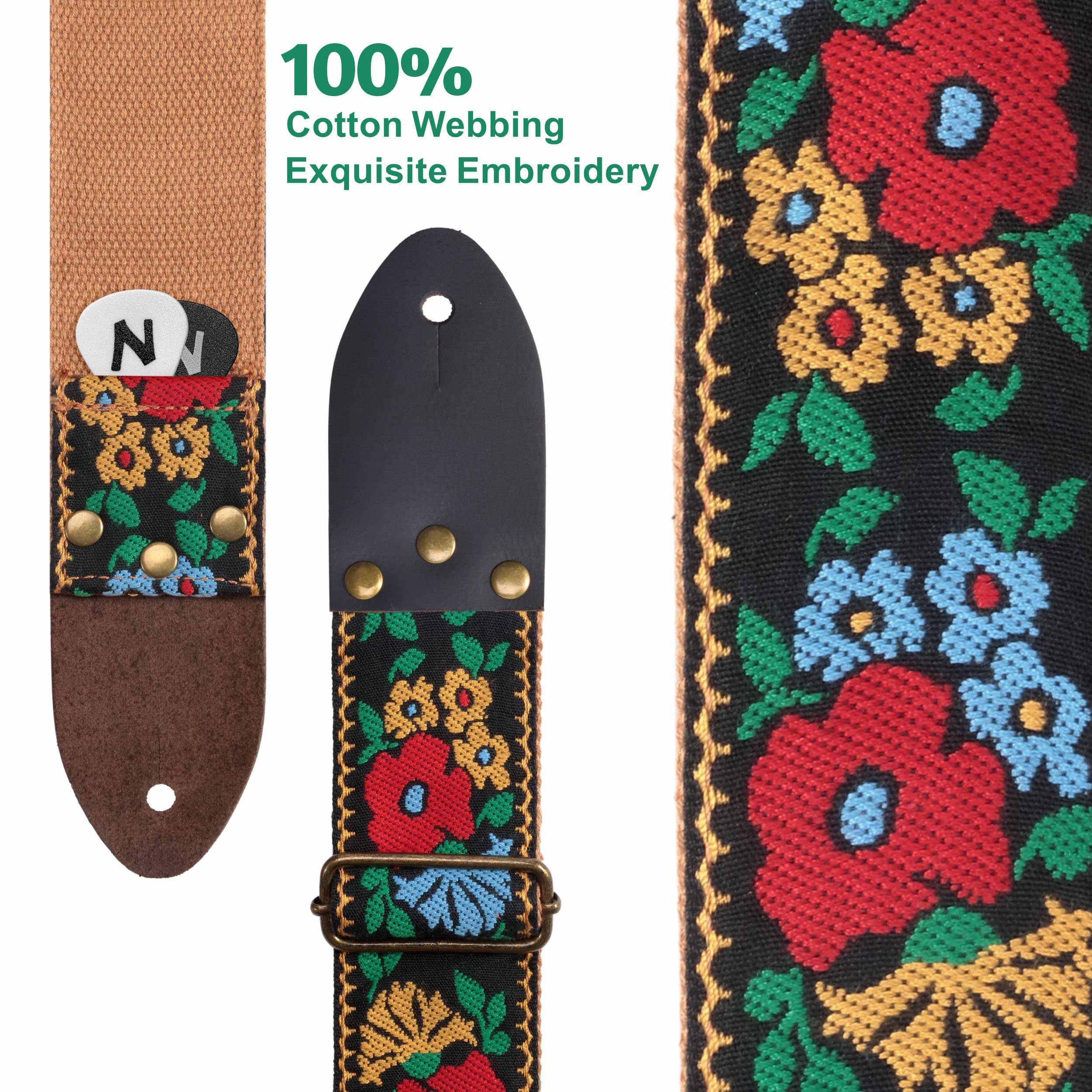 Nefelibata Guitar Strap,Vintage Jacquard Embroidery Cotton Guitar Straps With Full Grain Leather Ends For Electric,Acoustic,Come