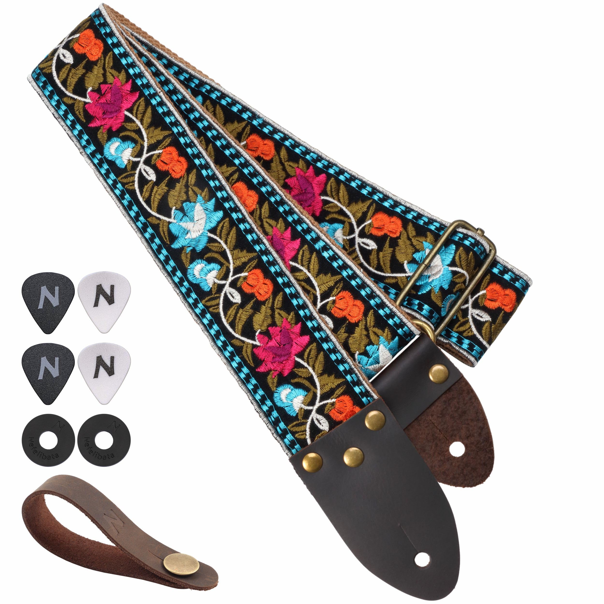Nefelibata Guitar Strap,Vintage Jacquard Embroidery Cotton Guitar Straps With Crazy Horse Leather Ends For Electric,Acoustic,Com