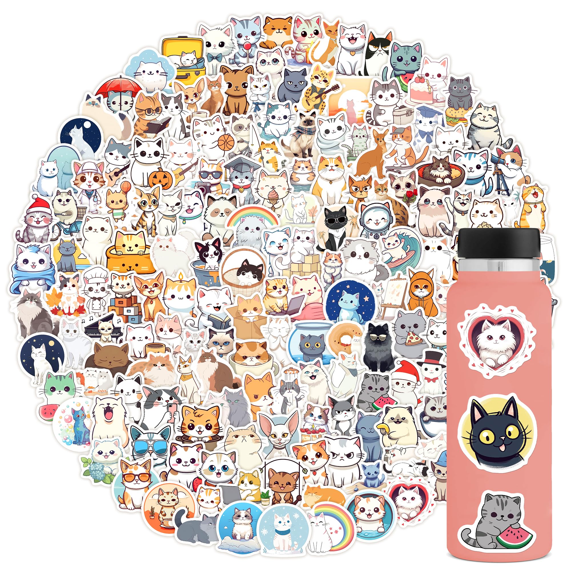 202 Pcs Cat Stickers,Funny Cat Stickers Waterproof Vinyl Gifts For Laptop,Water Bottle,Phone,Luggage,Unique Designed Cat Stickers For Teens Adults Kids Boys Girls Birthday Party Supplies Decoration