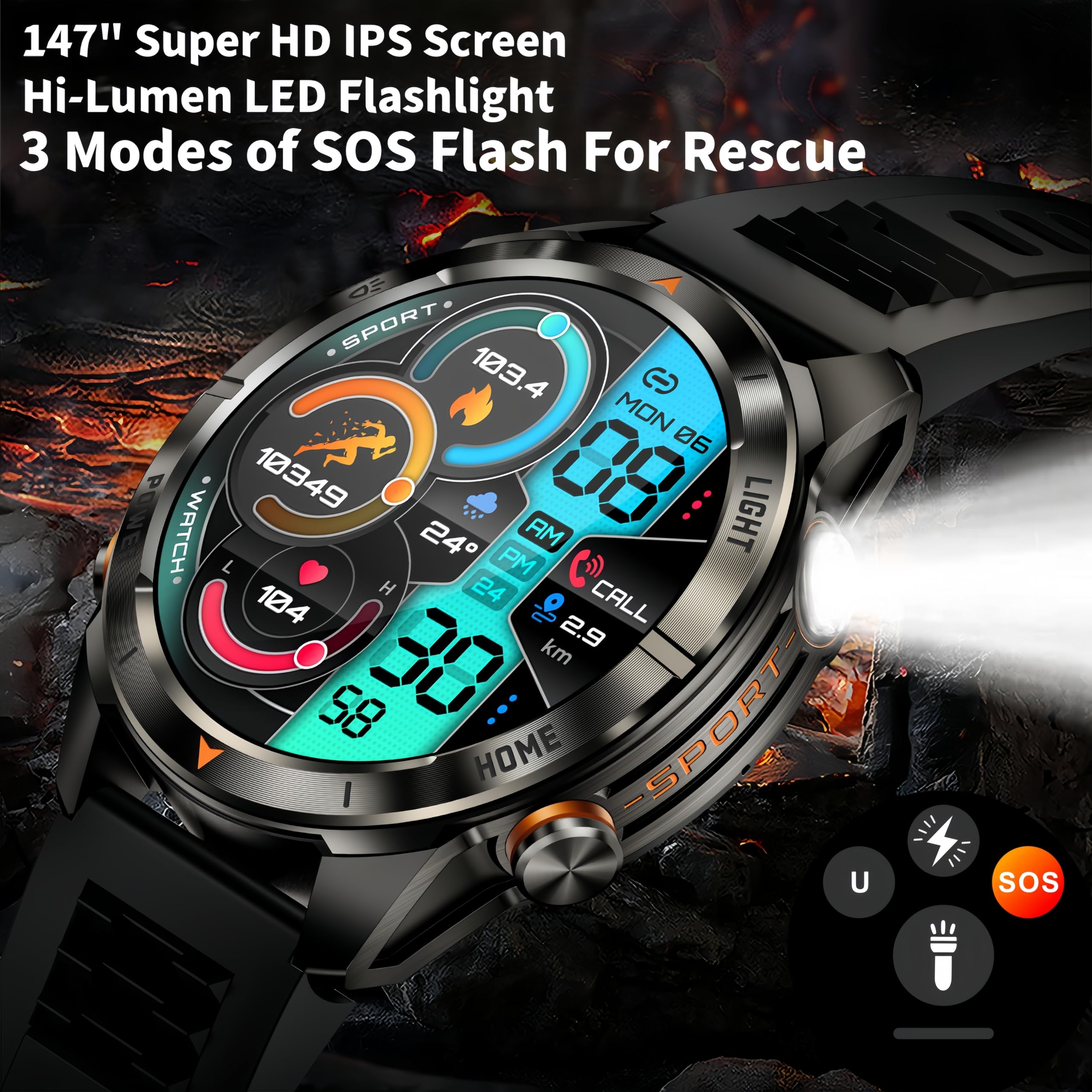 Sedsey- 2025 Latest Tactical 1.47 Smart Watch For Men-Sos Flashlight,530Mah Battery & 5Atm Waterproof Track Heart Rate,Blood O