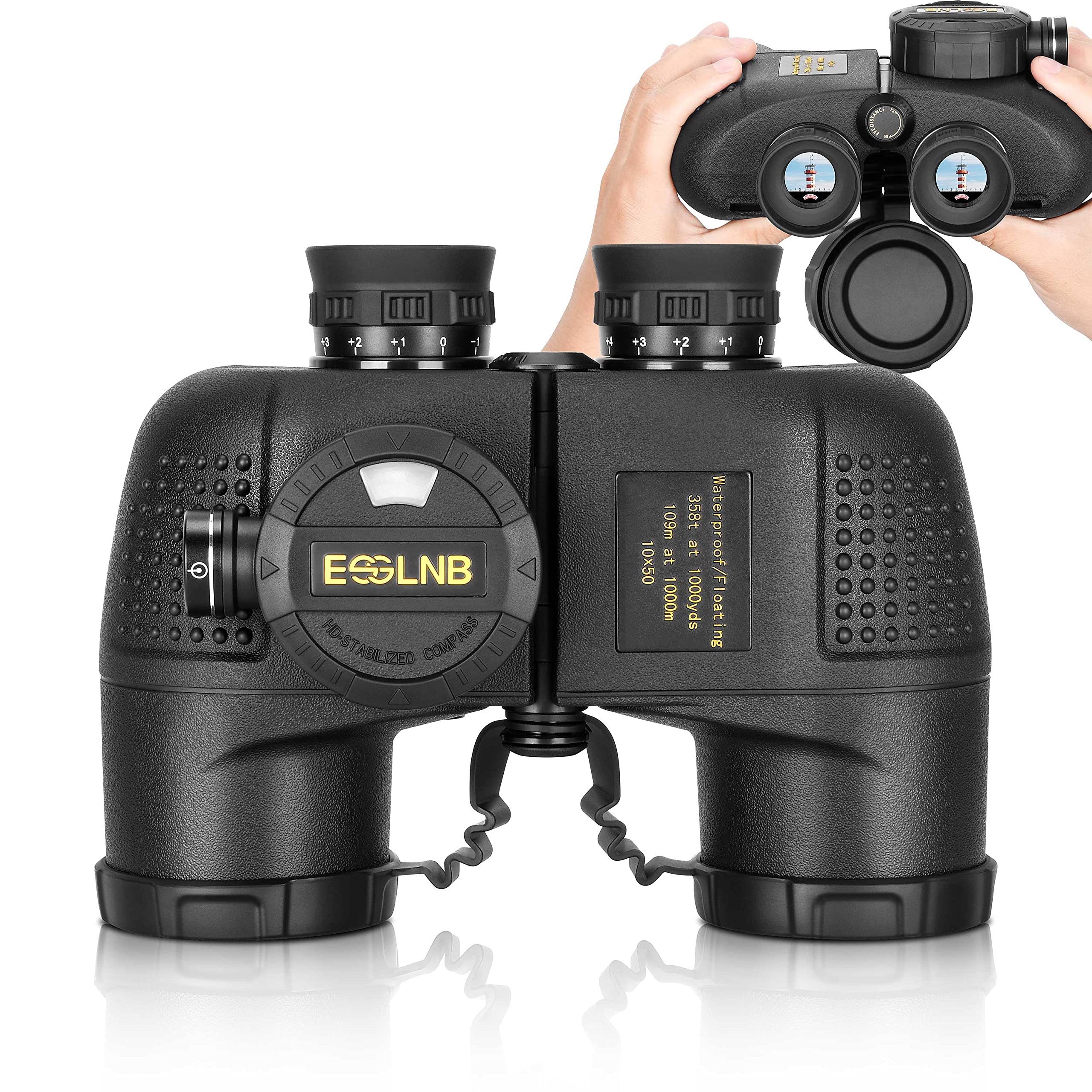 Esslnb 10X50 Marine Binoculars For Boating With Illuminated Rangefinder And Compass Ipx7 Waterproof Binoculars Bak4 Military Bin