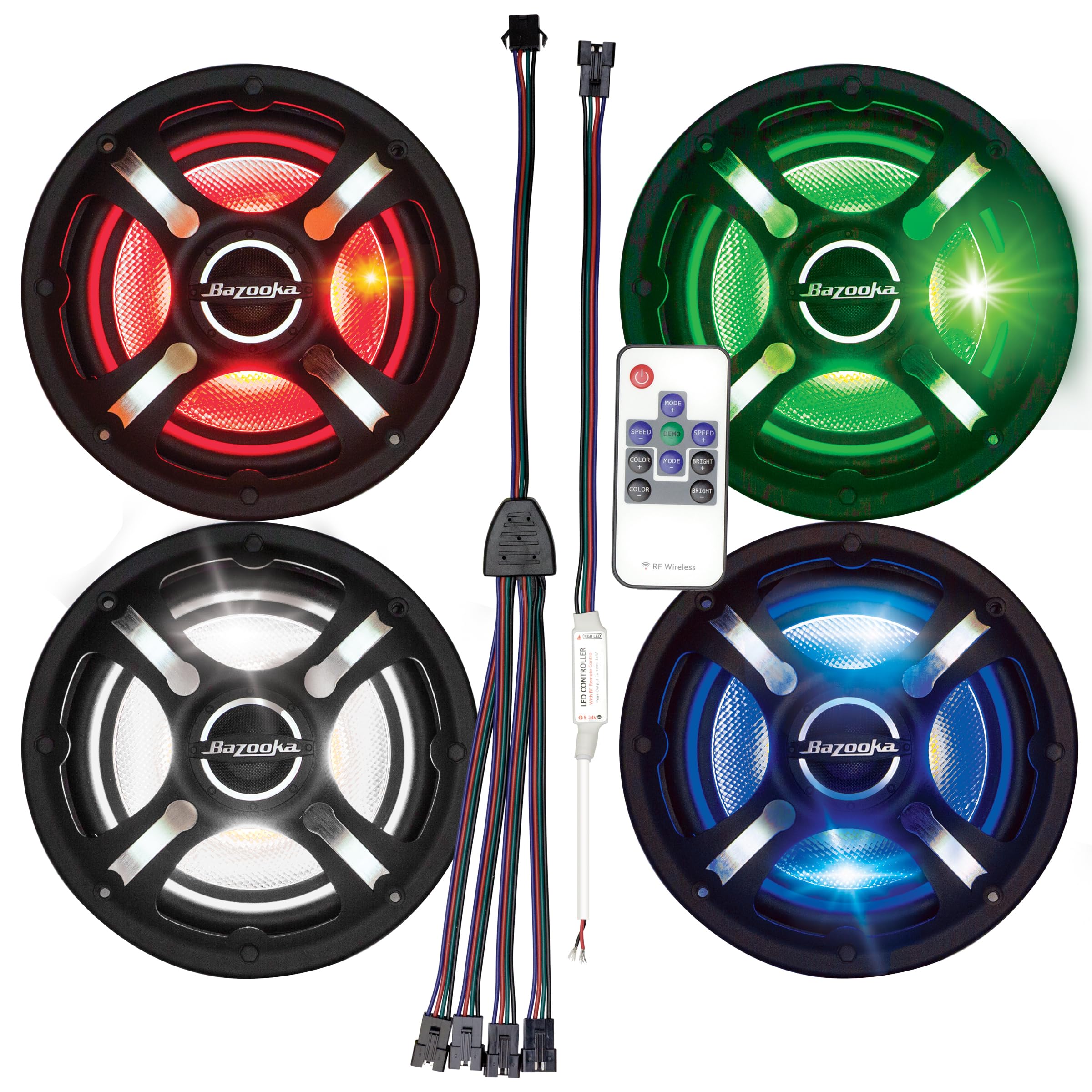 Bazooka | Marine Coax Speaker Kit | 4-Piece 6.5    Led Speakers | Plug-And-Play Rgb Led Controller And Remote (4Pc 6.5In Speaker