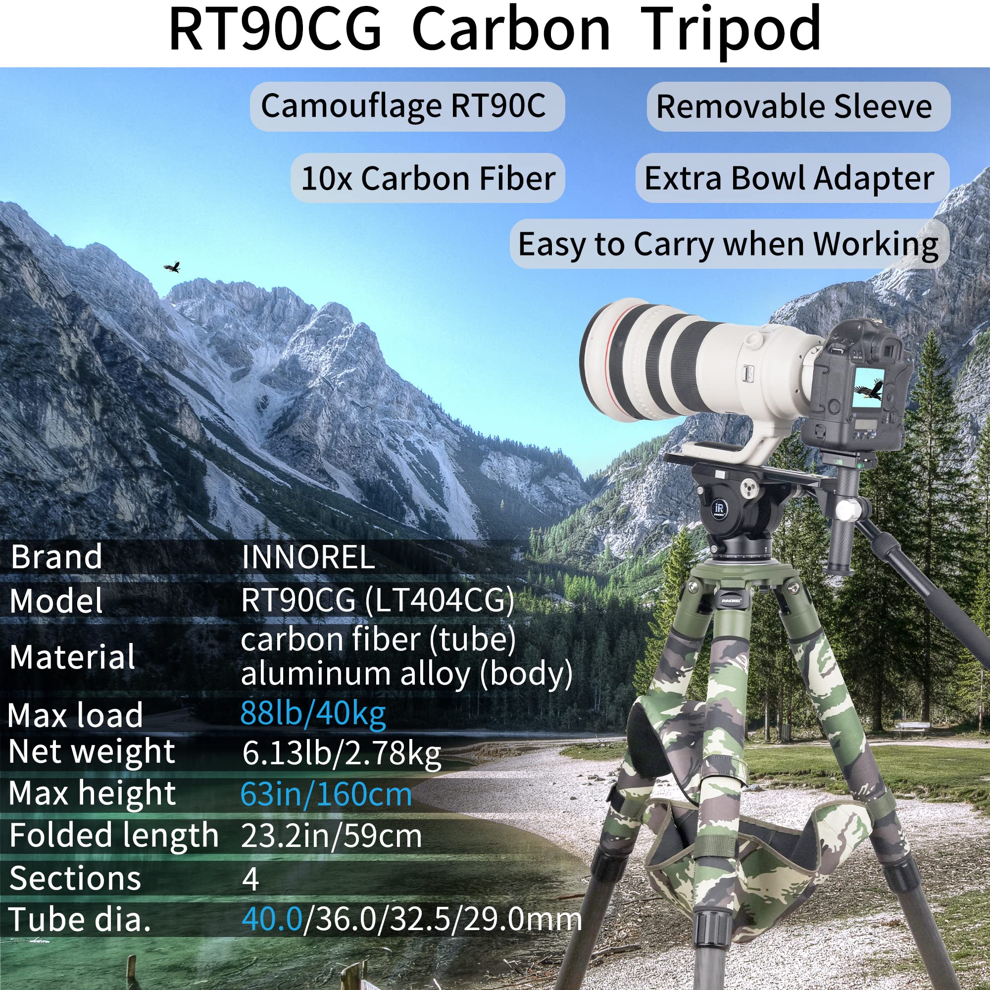 Carbon Fiber Bowl Tripod Innorel Rt90Cg Heavy Duty Bowl Tripod With 75Mm Bowl Adapter 40Mm Leg Tube Ultra Stable Professional Camera Tripod Max Load 88Lb/40Kg Green Camouflage Sleeve