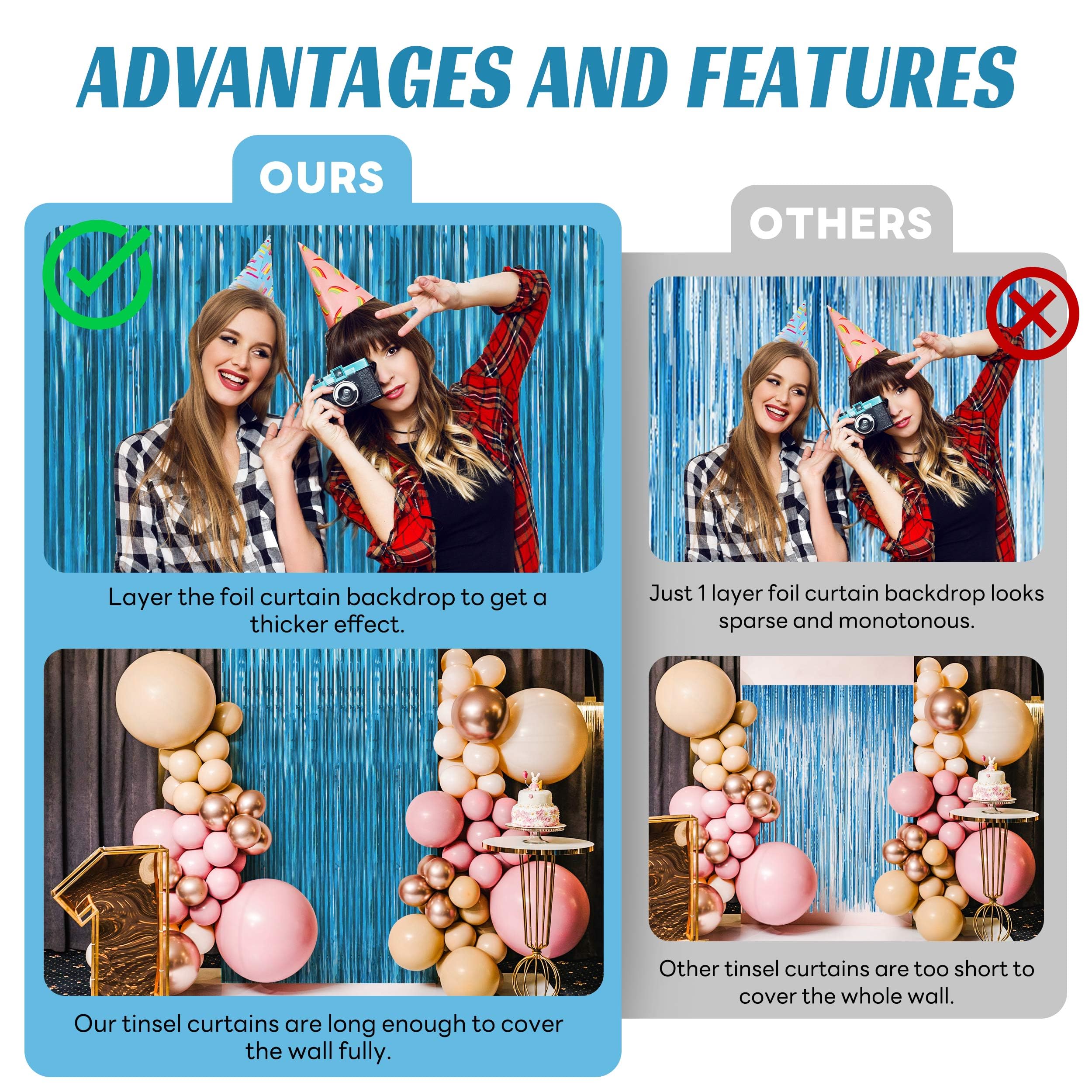 Btsd-Home 10 Pack Aquamarine Foil Fringe Curtain Metallic Streamer Party Decorations Photo Booth Backdrop Door Curtains For Wedd