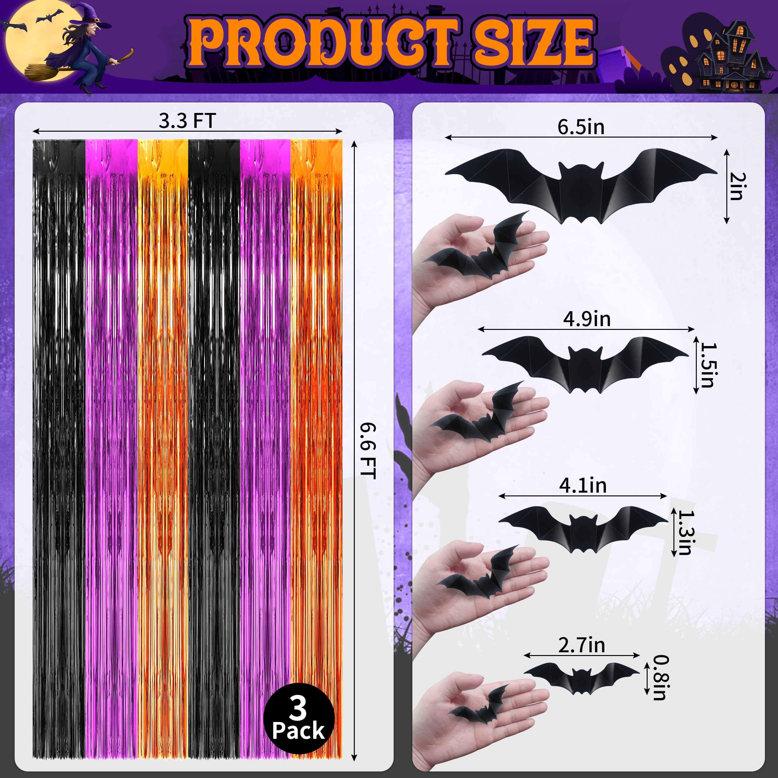 Algpty 3 Pack Halloween Foil Curtains Backdrop With 16 Pcs Halloween Bats, 3.3 X 6.6Ft Orange Purple Black Metallic Tinsel Foil